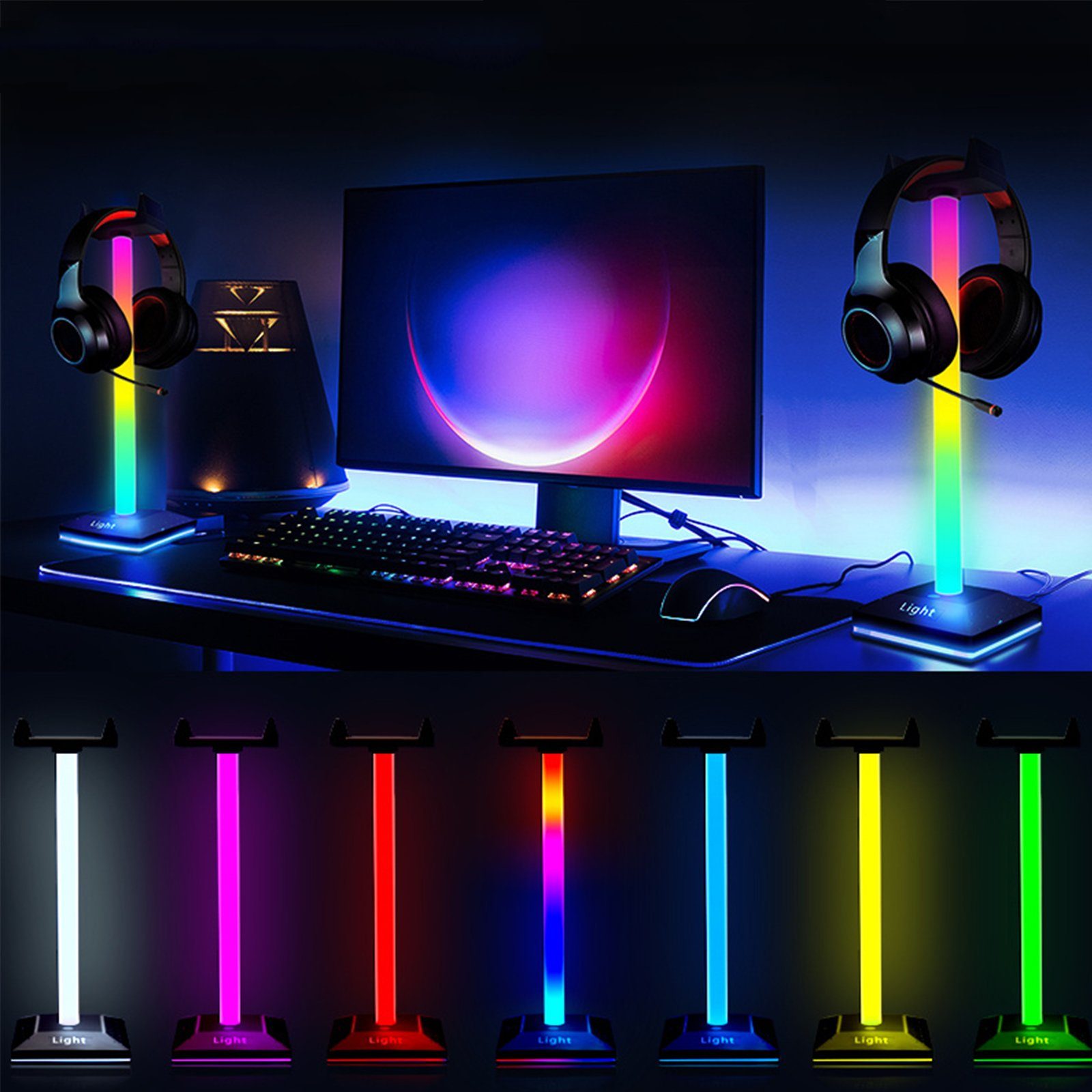 Sunicol RGB Headset Halterung, USB Anschlüssen, Universal LED Headphone Stand Kopfhörerständer, (Halter für Over Ear Kopfhörer, Gaming Headset und Kopfhörerdisplay)