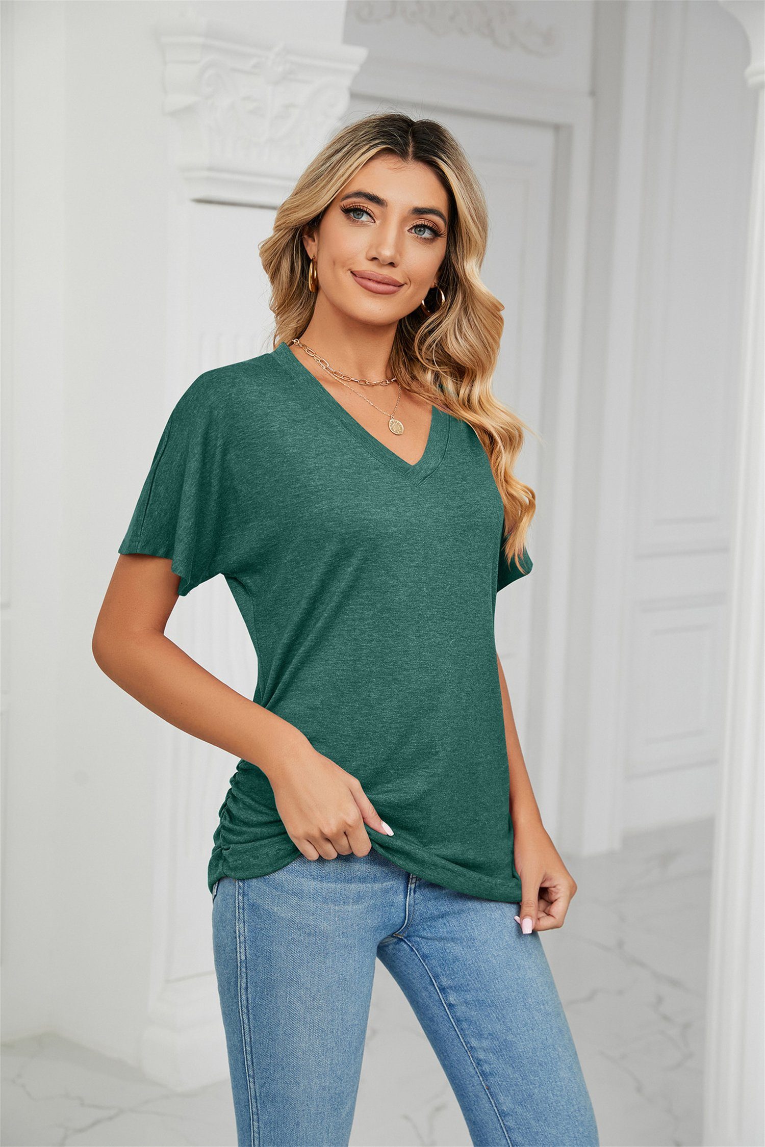 selected V-Ausschnitt, Sommer-Basic-Bluse carefully kurzärmelig, Grün V-Shirt Damen-T-Shirt,