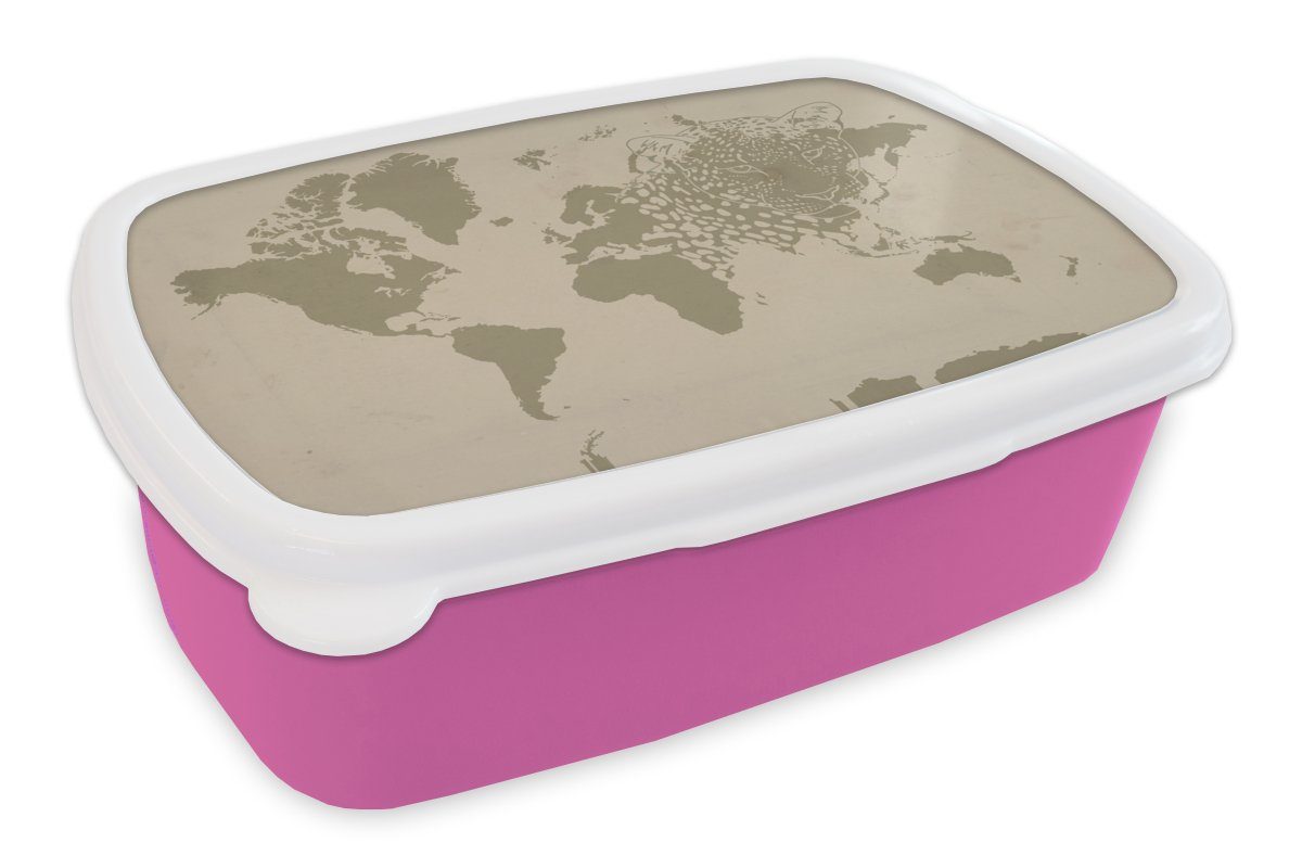 MuchoWow Lunchbox Weltkarte - Braun - Panther, Kunststoff, (2-tlg), Brotbox für Erwachsene, Brotdose Kinder, Snackbox, Mädchen, Kunststoff rosa