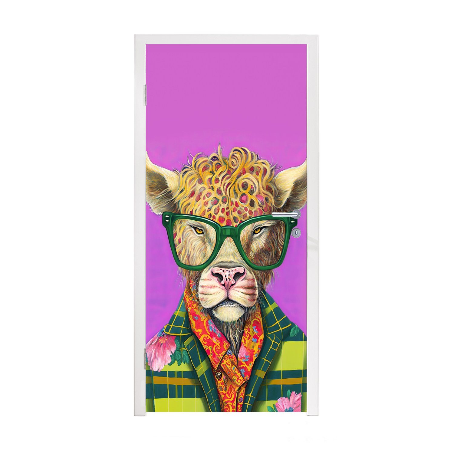 MuchoWow Türtapete Brille - Tier - Schottischer Highlander - Blumen - Hippie, Matt, bedruckt, (1 St), Fototapete für Tür, Türaufkleber, 75x205 cm
