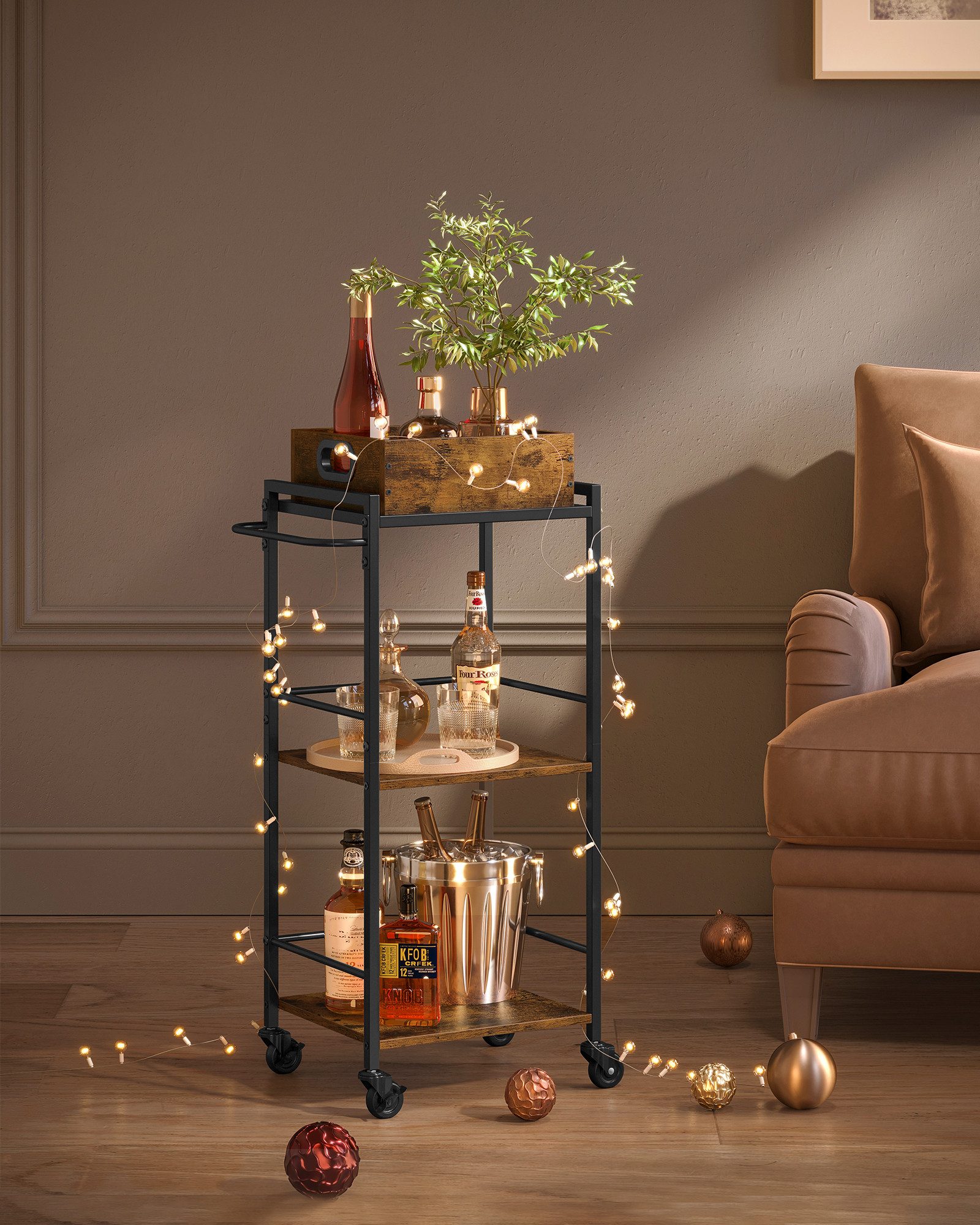 VASAGLE Servierwagen, Küchenwagen mit abnehmbarem Tablett, Rollen, vintage günstig online kaufen