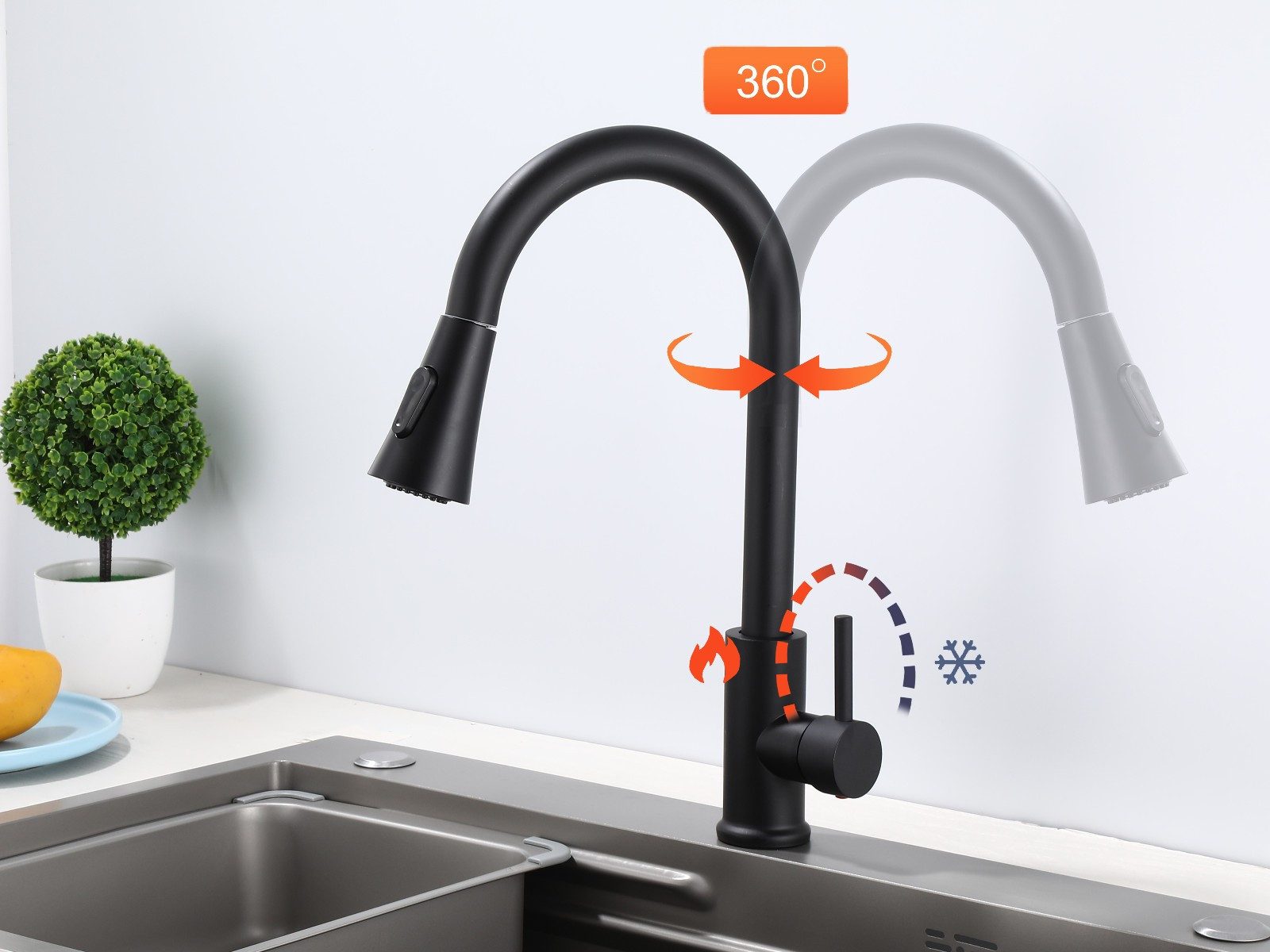 inter Küchenarmatur 360° Wasserhahn Schwarz GMF803_Model 1 (Wasserhahn, Schwarz GMF803_Model 1 mit schwenkbarem Auslauf) – Bild 2 von 5