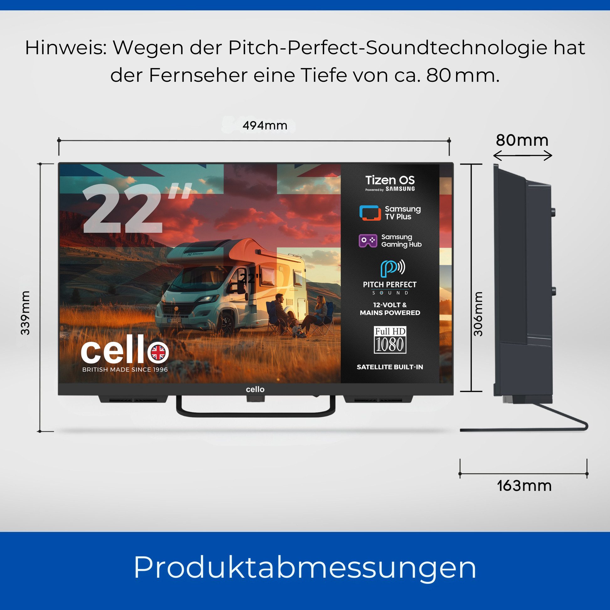 Cello CTrav-22TZ LED-Fernseher (55,88 cm/22 Zoll, Full HD, Smart-TV, Smart Tizen OS powered by Samsung, Pitch Perfect Sound)