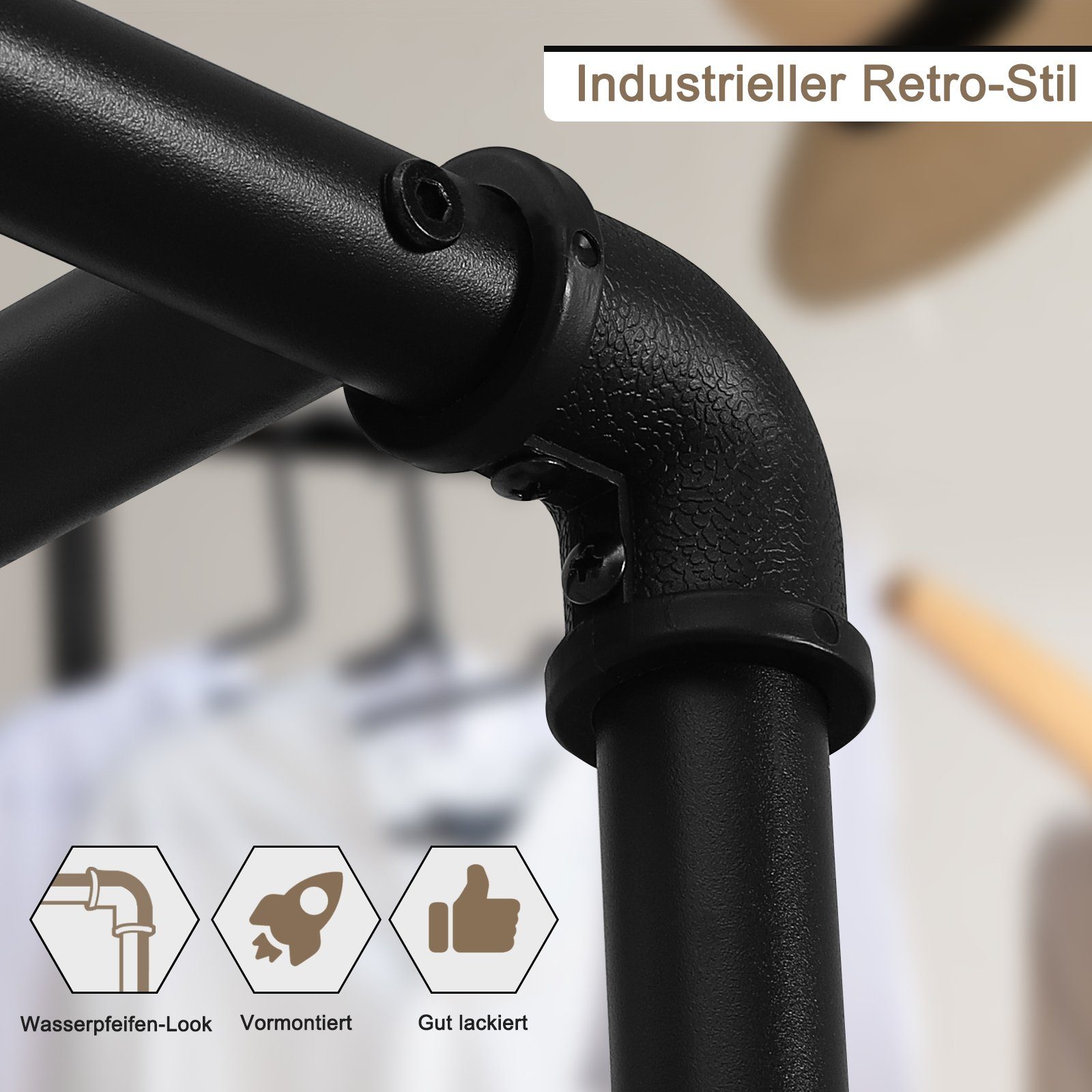 Woltu Kleiderstange (1 St), industrial schwarz Wandmontage Metallrohren MDF