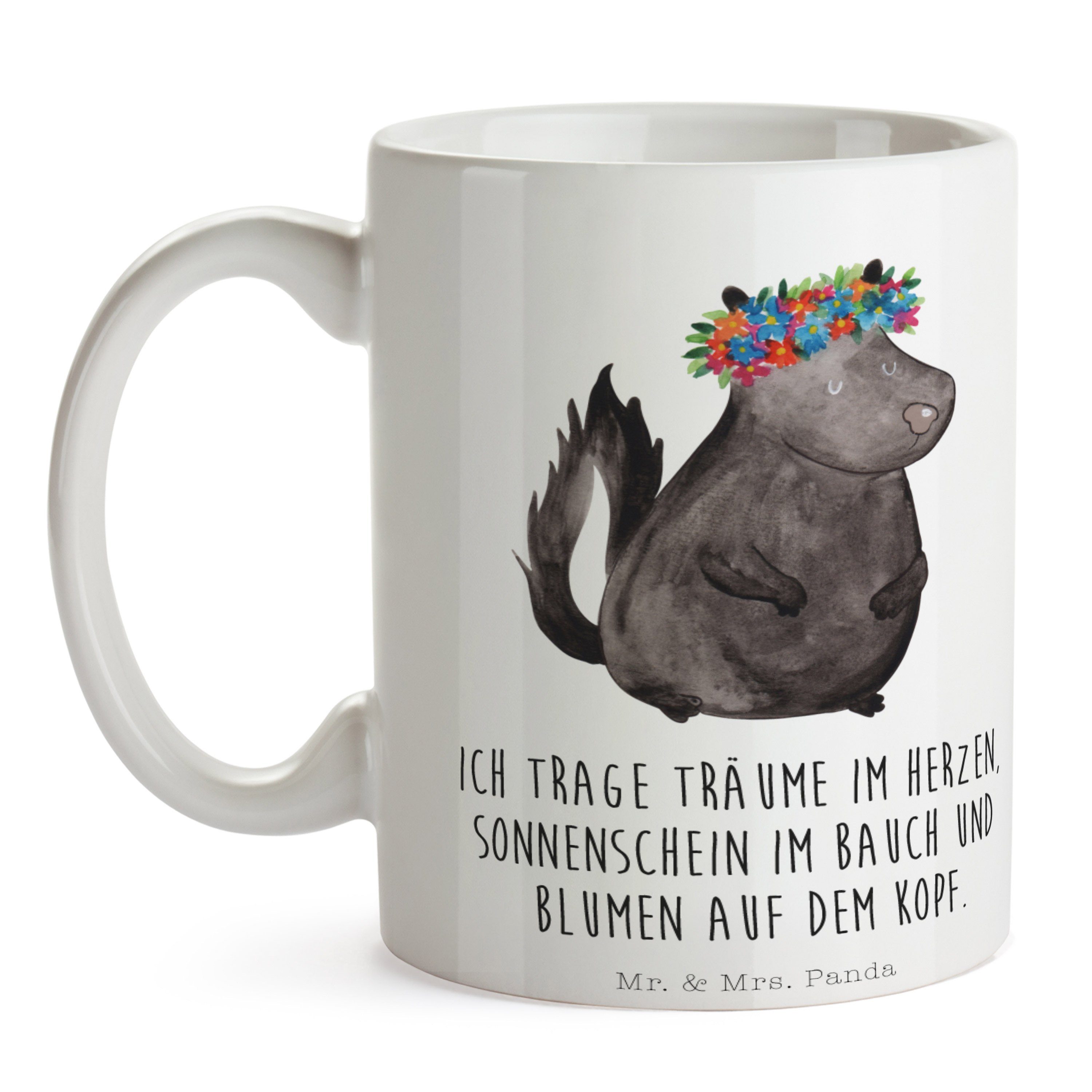 & Keramik Mrs. Panda - Kaffeebecher, Blumenmaedchen Geschenk, Motiv, Weiß Stinktier - Tasse Mr. Tasse