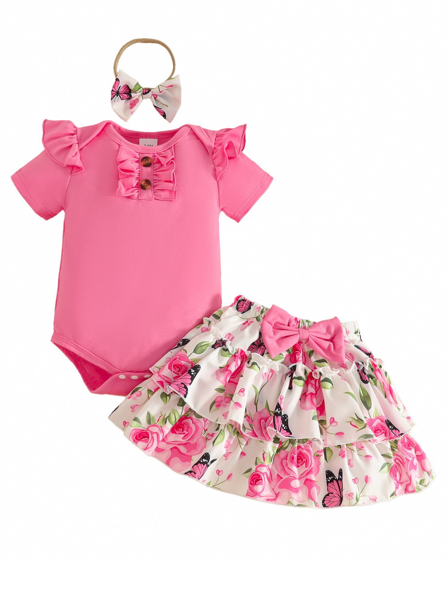 Gluckids Shirt, Rock & Haarband Mädchen Baby-Set, Kurzarm Body mit Rüschen, A-Linie Rock, Haarband (Set, 3-tlg) Süßes Sommer Kleidung, Oberteil mit Rüschen, Rock mit Blumendruck