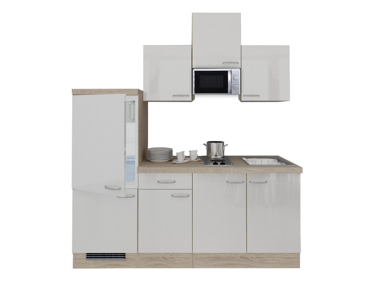 Flex-Well Küchenzeile Singleküche mit E-Geräten - 210 cm breit - Hochglanz Weiß Sonoma Eiche