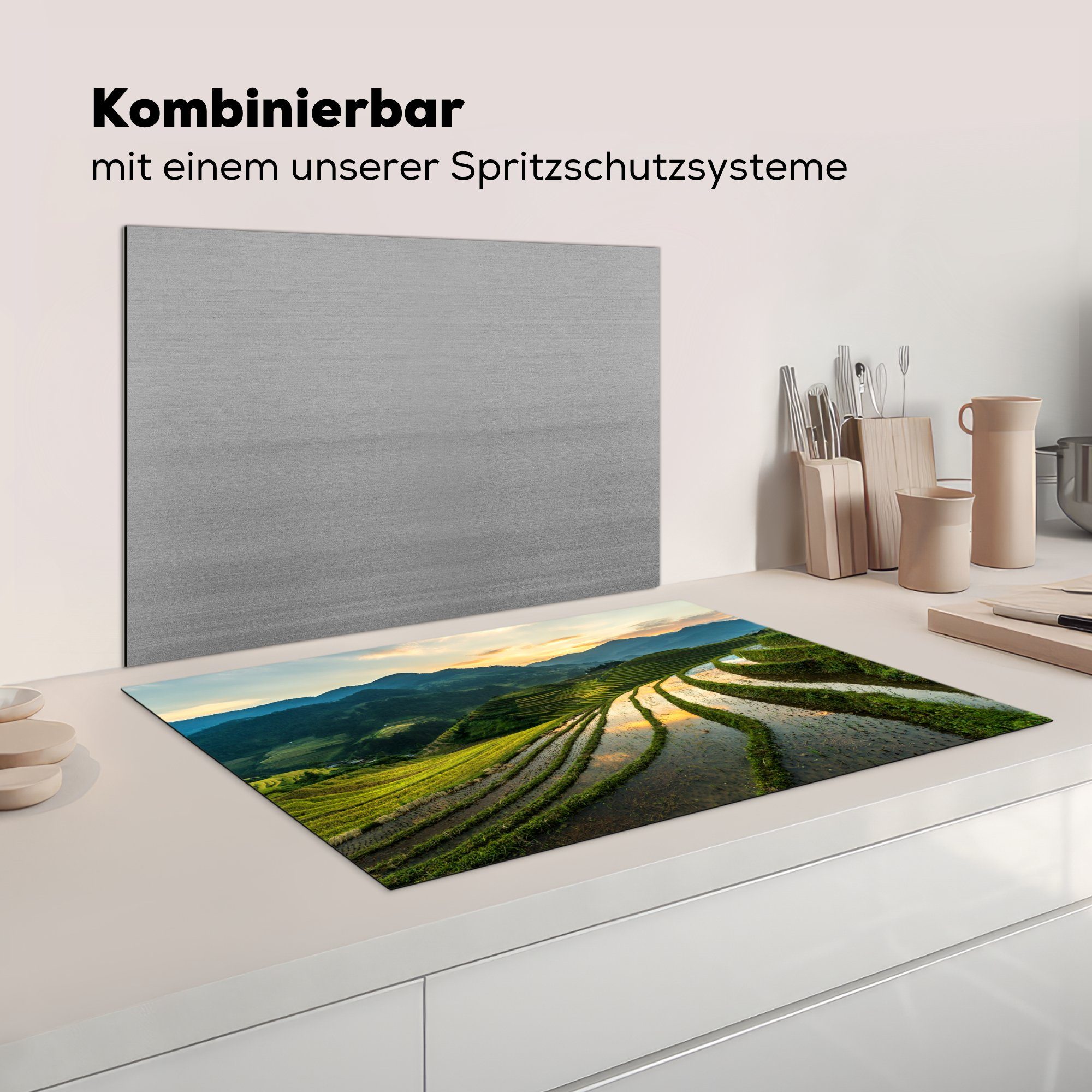 Herdblende-/Abdeckplatte Vinyl, (1 tlg), Induktionskochfeld Vietnam cm, - 81x52 Ceranfeldabdeckung die Reisfelder MuchoWow - für Schutz Sonne, küche,