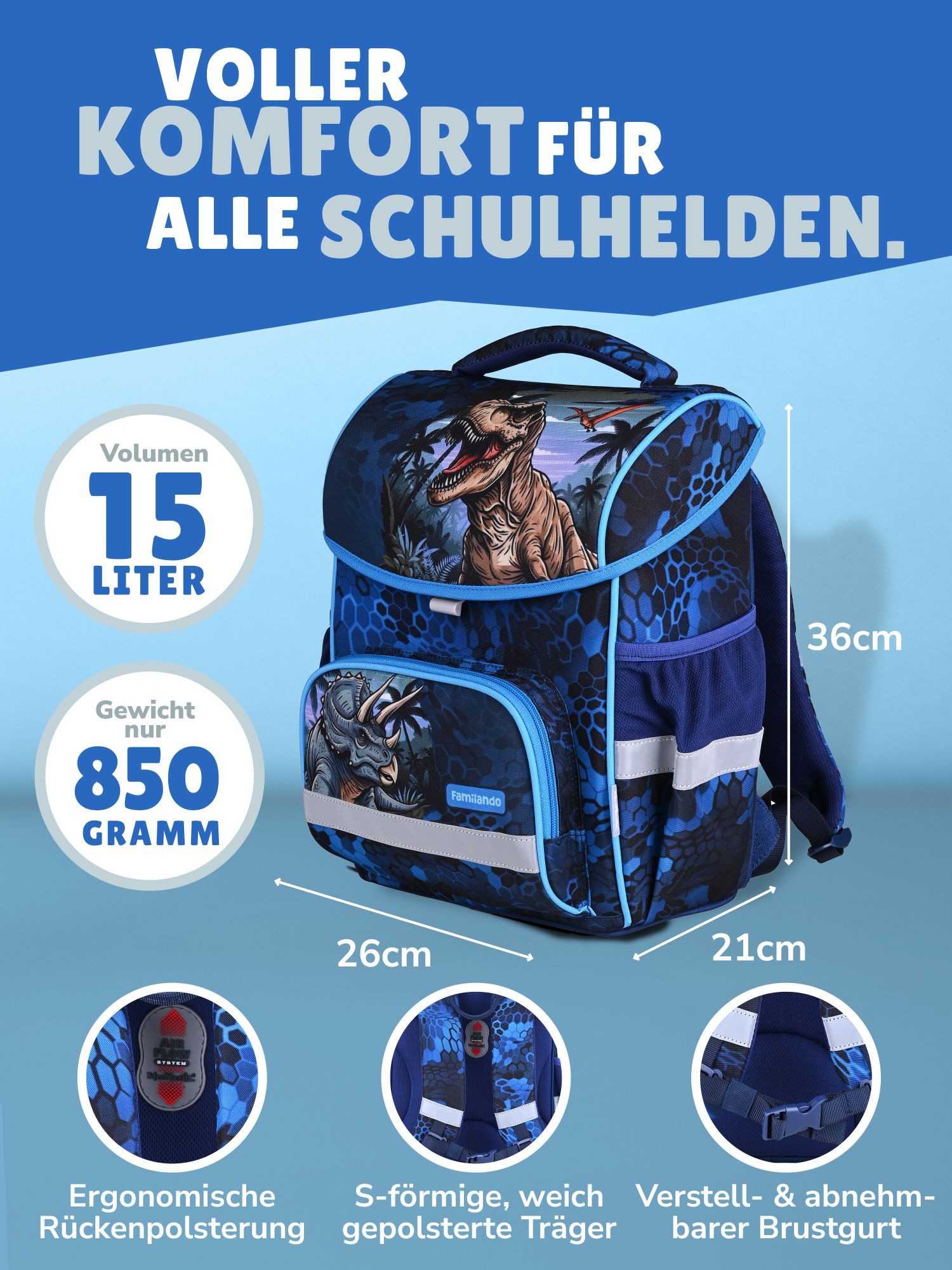 Familando Schulranzen Basic Plus 1.-4. Klasse ergonomisch, leicht, Volumen 15 Liter (Set, 6-tlg., inkl. Federmäppchen und Sporttasche), Dino T-Rex Dinosaurier Motiv