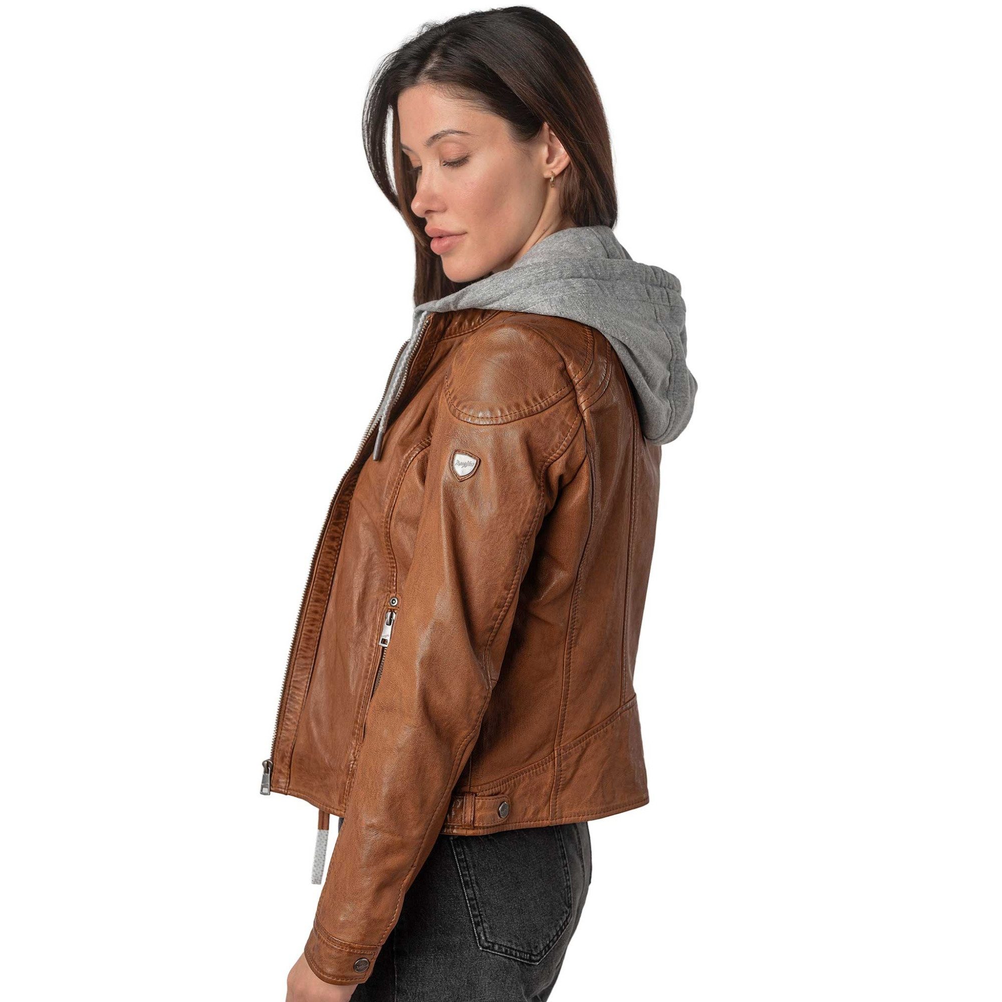 Mauritius Lederjacke MWAdila Mauritius - Damen Lederjacke Lammnappa Kapuze cognac