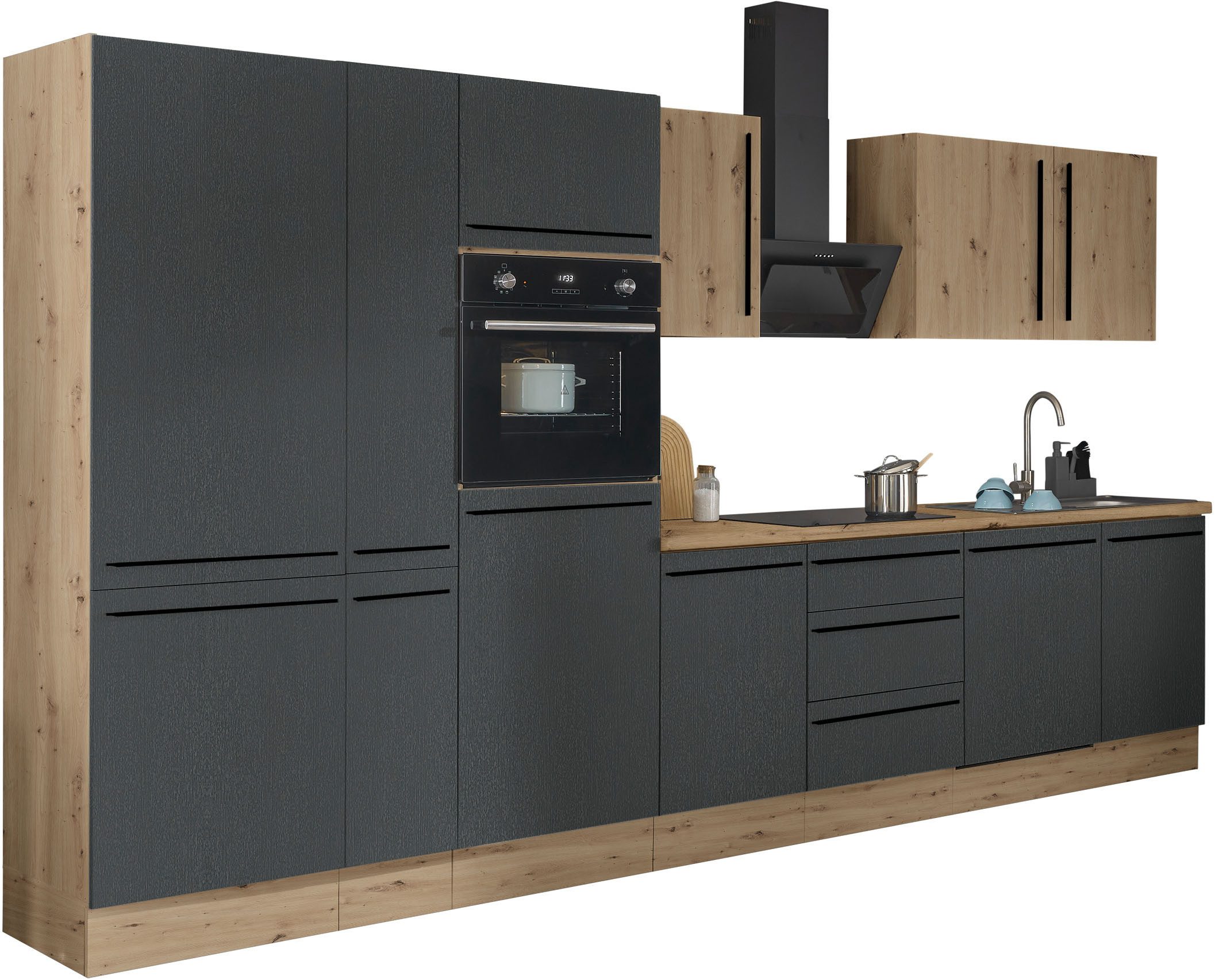 Coin cuisine Florida, largeur 370 cm, avec appareils électroménagers en option, fermeture amortie pour les portes et les tiroirs