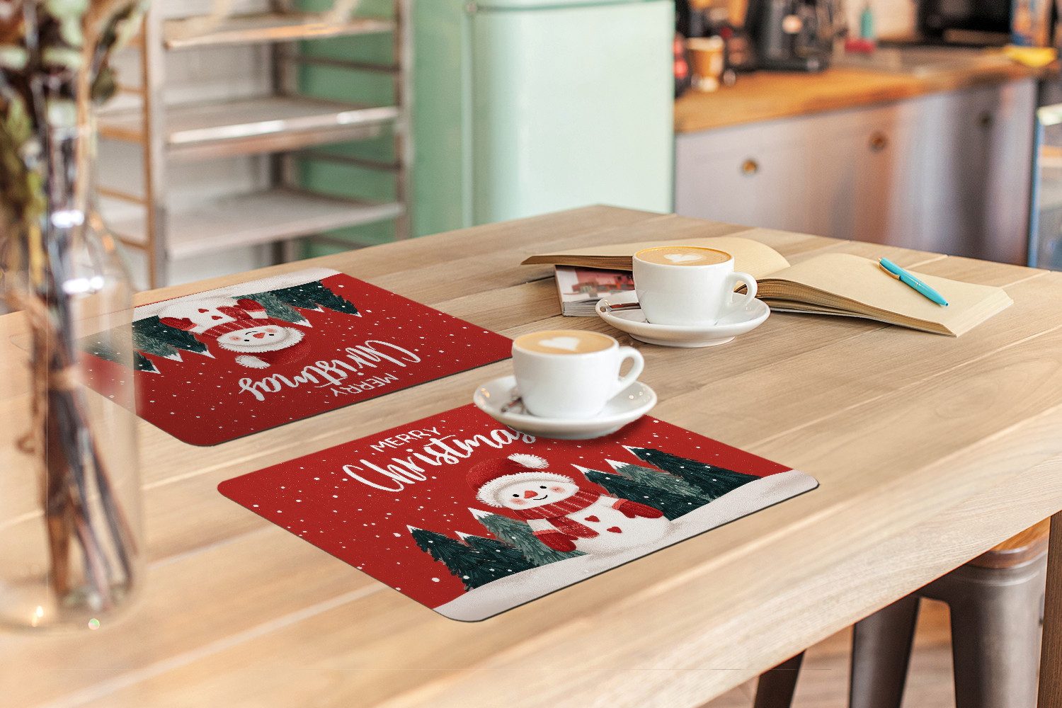 MuchoWow Platzset Weihnachtsgruß - Schnee - Rot, (6-St), Platzsets, Tischset, Abwaschbar, Tischsets, Platzdeckchen