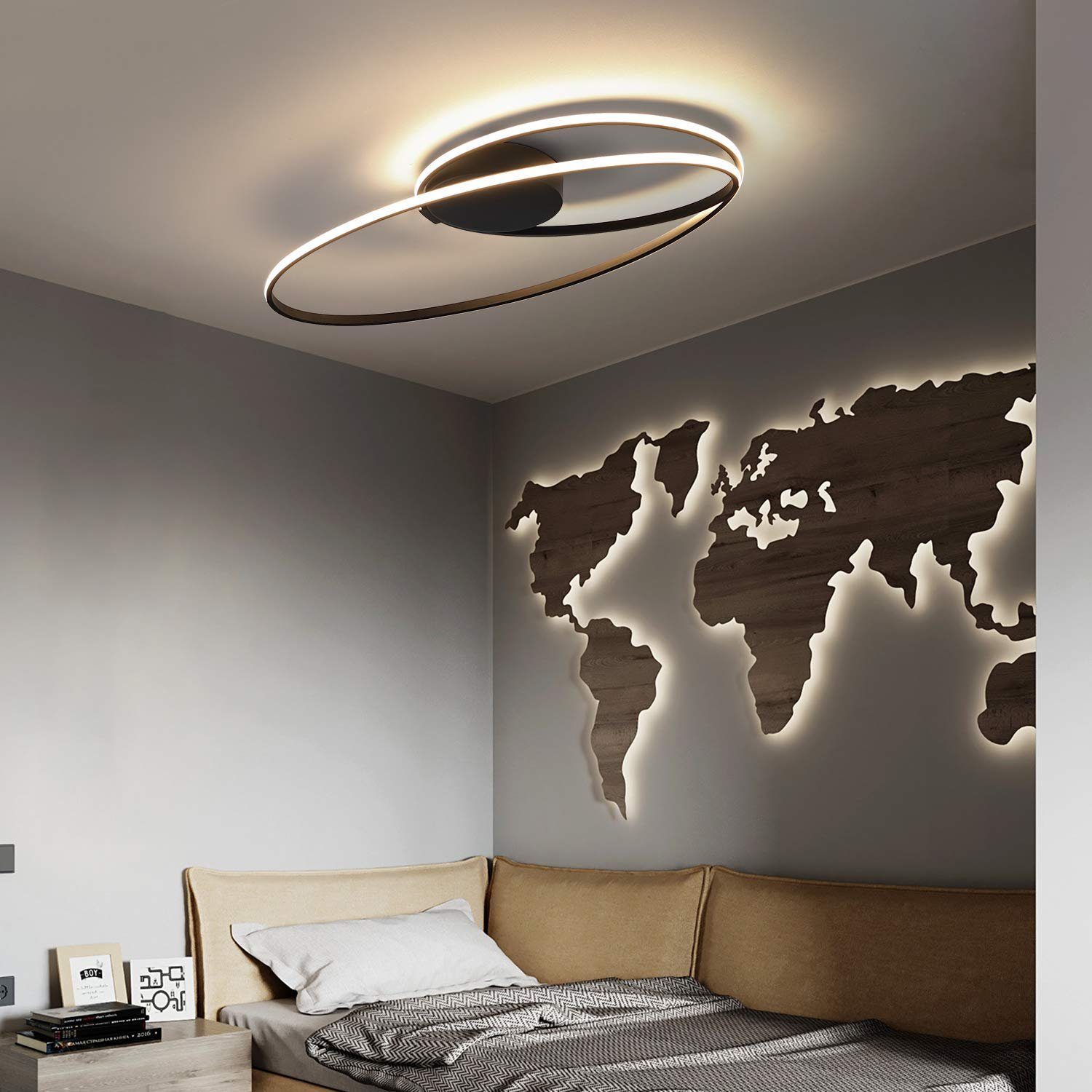 ZMH LED Deckenleuchte 36W Wohnzimmer Ring Schwarz, Innen Beleuchtung, fest LED integriert, Modern Warmweiß, Weiß
