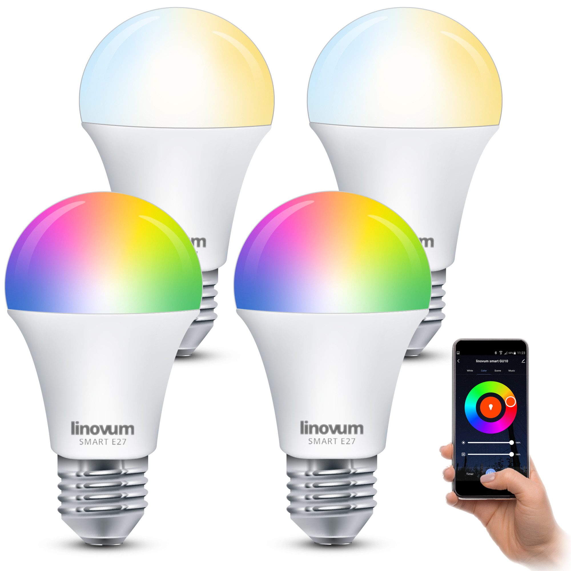 linovum LED-Leuchtmittel 4er Set LED E27 Smart Lampe steuerbar via App Alex günstig online kaufen