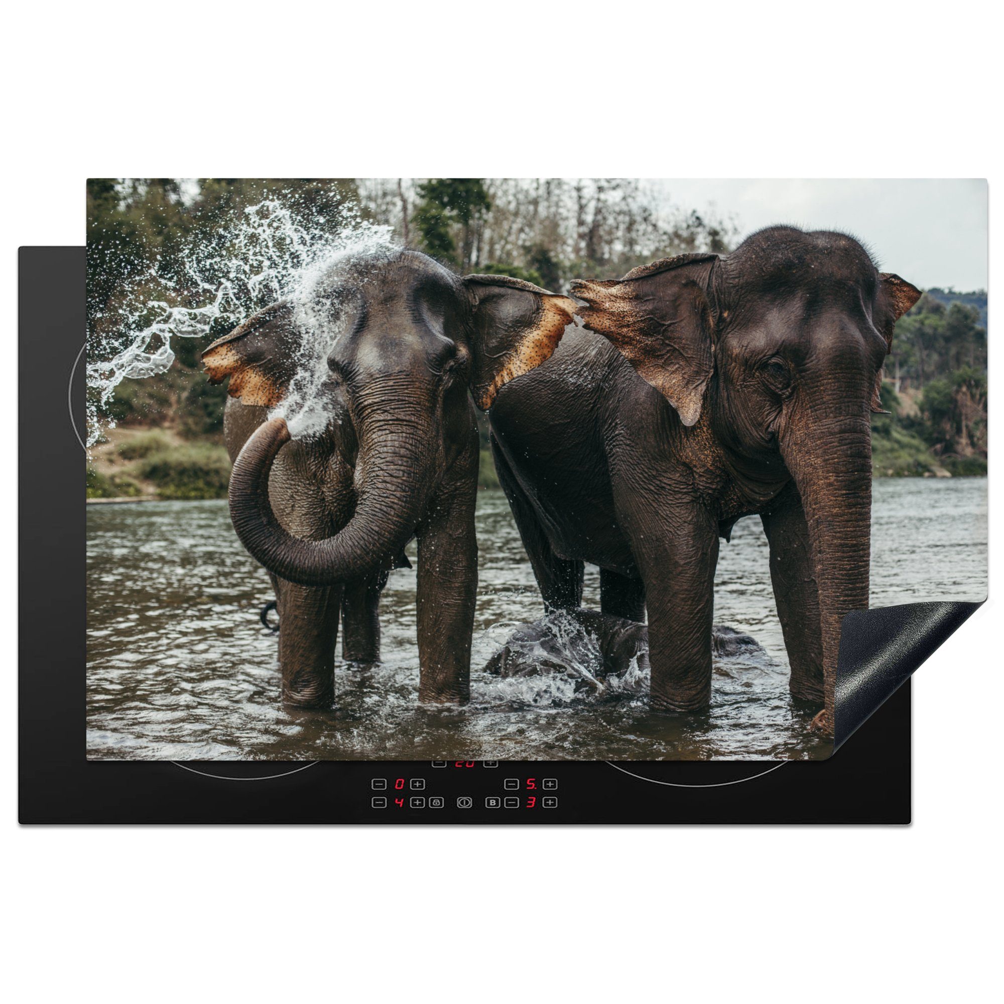 MuchoWow Herdblende-/Abdeckplatte Elefant - Vinyl, 81x52 die Ceranfeldabdeckung Wasser - küche, für (1 tlg), Schutz cm, Induktionskochfeld Fluss