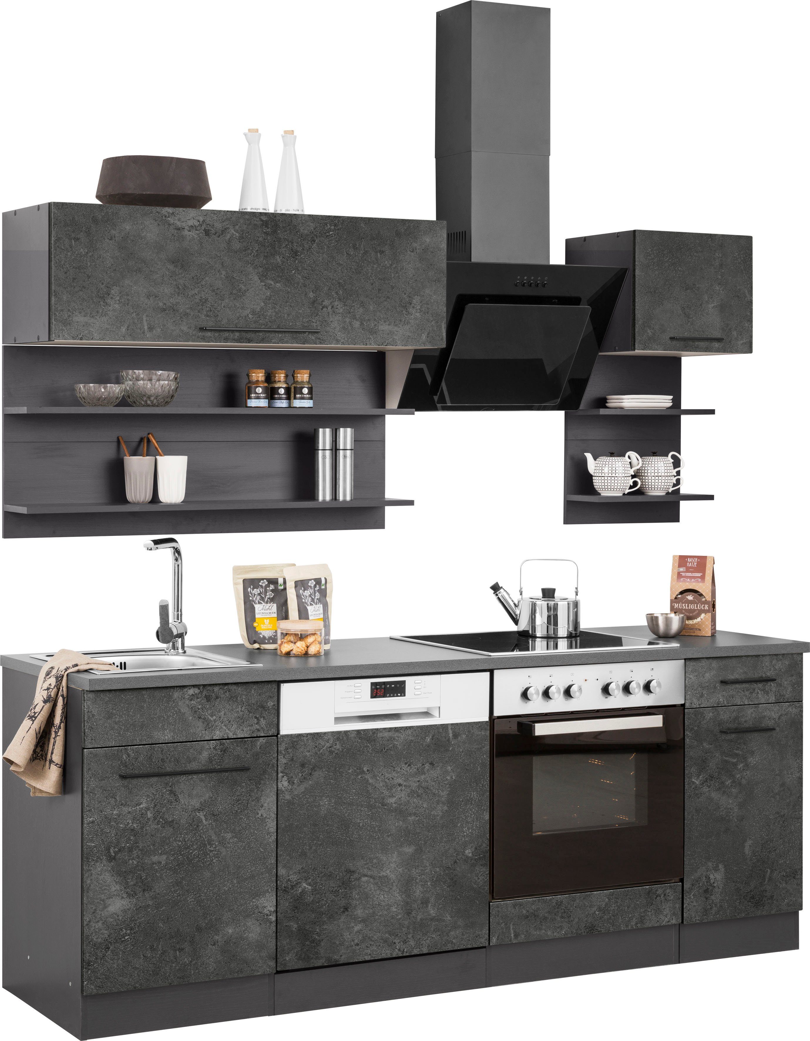 KOCHSTATION Küchenzeile KS-Tulsa, ohne E-Geräte, Breite 210 cm, schwarze Metallgriffe, MDF Fronten