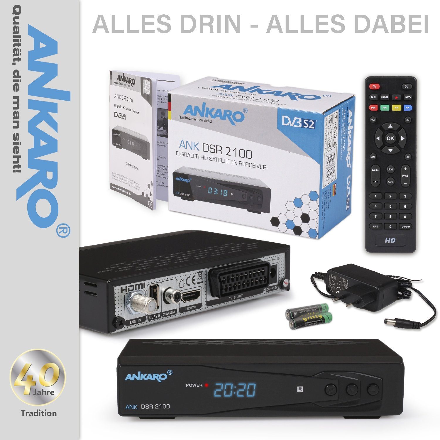 Ankaro 2100 DSR mit Aufnahmefunktion + HDMI Kabel SAT-Receiver (PVR, HDMI, SCART, USB, Coaxial - Timeshift & Unicable tauglich)