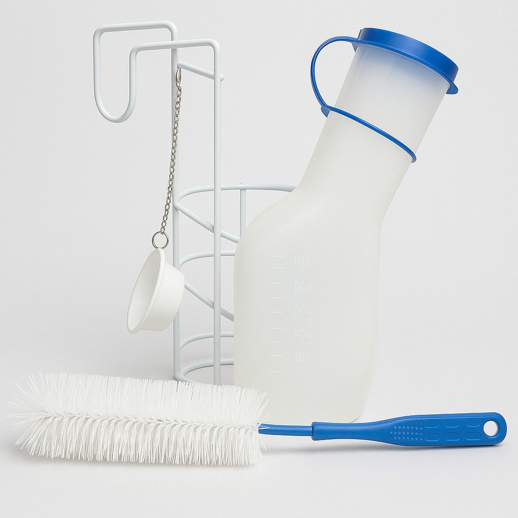 DocMed Urin-Flasche Urinflaschen-Set aus Urinflasche + Halter + Reinigungsbürste (praktischen Pflegepaket, 3 St., Mobile Urinlösung), Wiederverwendbar, langlebig und platzsparend verstaubar