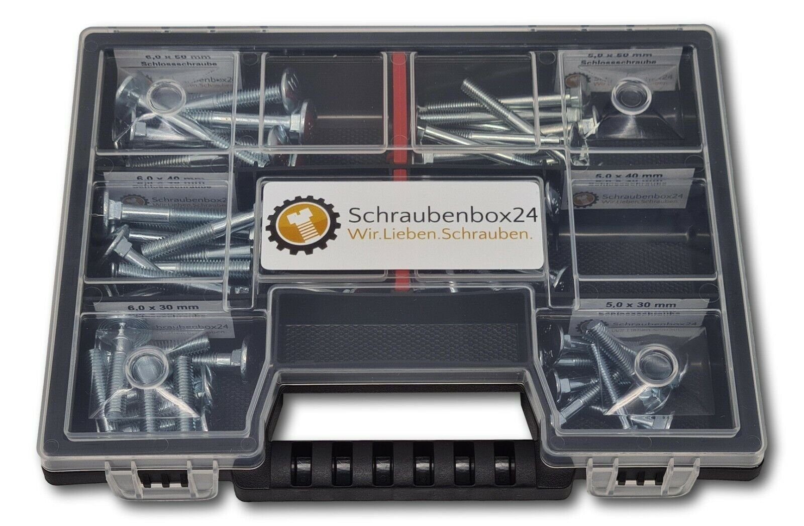 DIN Schraubenbox24 60 // M5-M6 Schlossschrauben (S-Box, Sortiment Flachrundkopfschraube 603), Stück / Flachkopfschrauben 30mm-50mm, St., 60