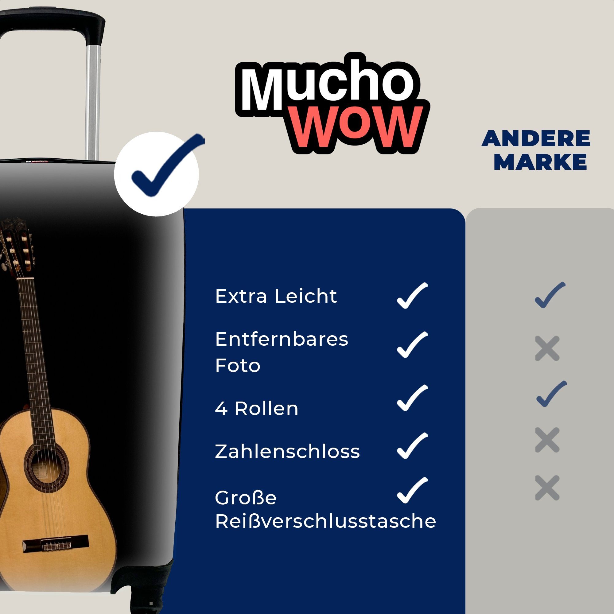 4 MuchoWow mit Vorderansicht Gitarre Handgepäck Handgepäckkoffer Hintergrund, auf für einer Trolley, akustischen schwarzem Rollen, Reisetasche Ferien, Reisekoffer rollen,