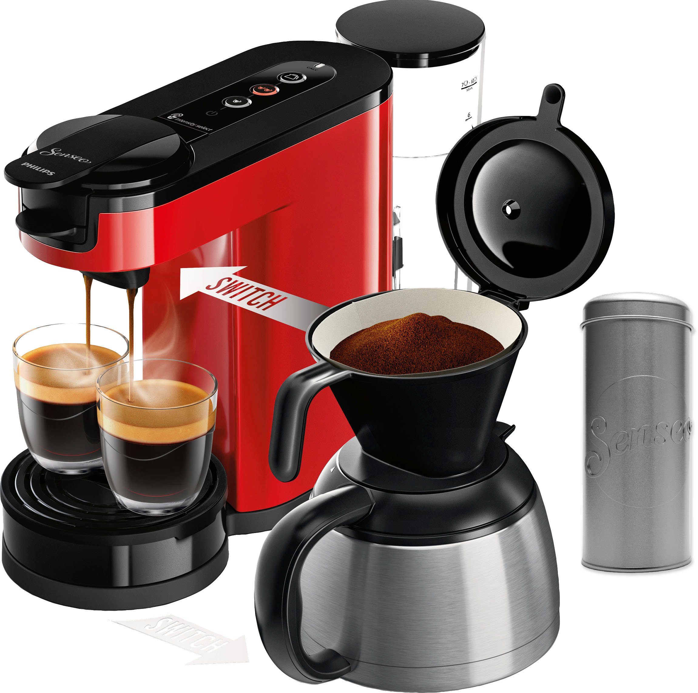 Wert UVP Kaffeepadmaschine 1l € von Philips Senseo Switch Kaffeekanne, Kaffeepaddose 9,90 im inkl. HD6592/84,