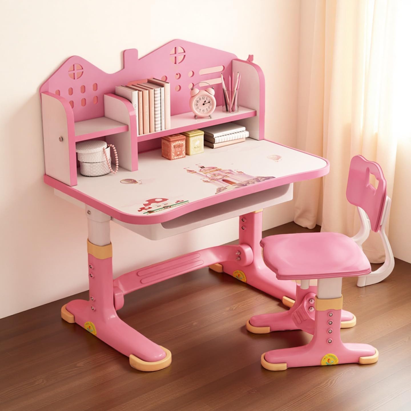 Rutaqian Kinderschreibtisch Kinderschreibtischstuhl mit Bücherständer,Höheverstellbar 65 und 71cm (Schreibtisch Mädchen ab 6 jahren, 1-St., ergonomischer Kids Schreibtisch und Stuhlset für Kinder), mit Stuhl & Schublade,Kinder Schüler Schreibtisch für Jungs & Mädchen