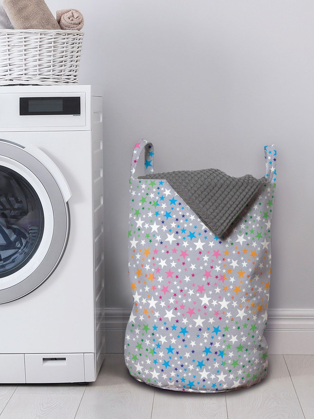 Bunt Wäschekorb Waschsalons, bunte Abstrakte für mit Sterne Kordelzugverschluss Wäschesäckchen Griffen Abakuhaus