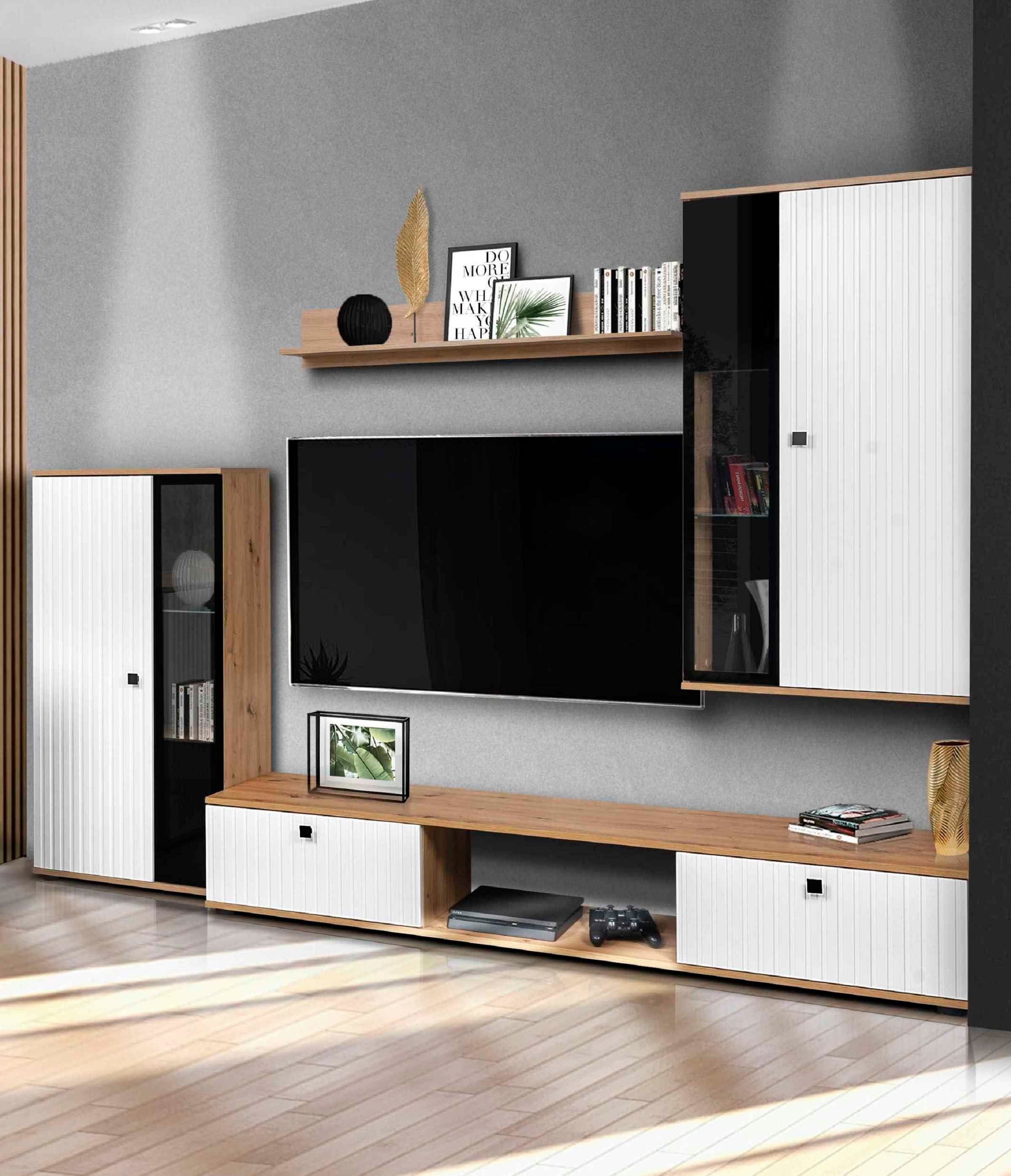 TV-Schrank, modern, mit Hochvitrine, teilverglaste SARAI 4-teilig (Set, Wohnwand Wandregal), Hängevitrine, Türen Furnix Mediawand Artisan-Weiß