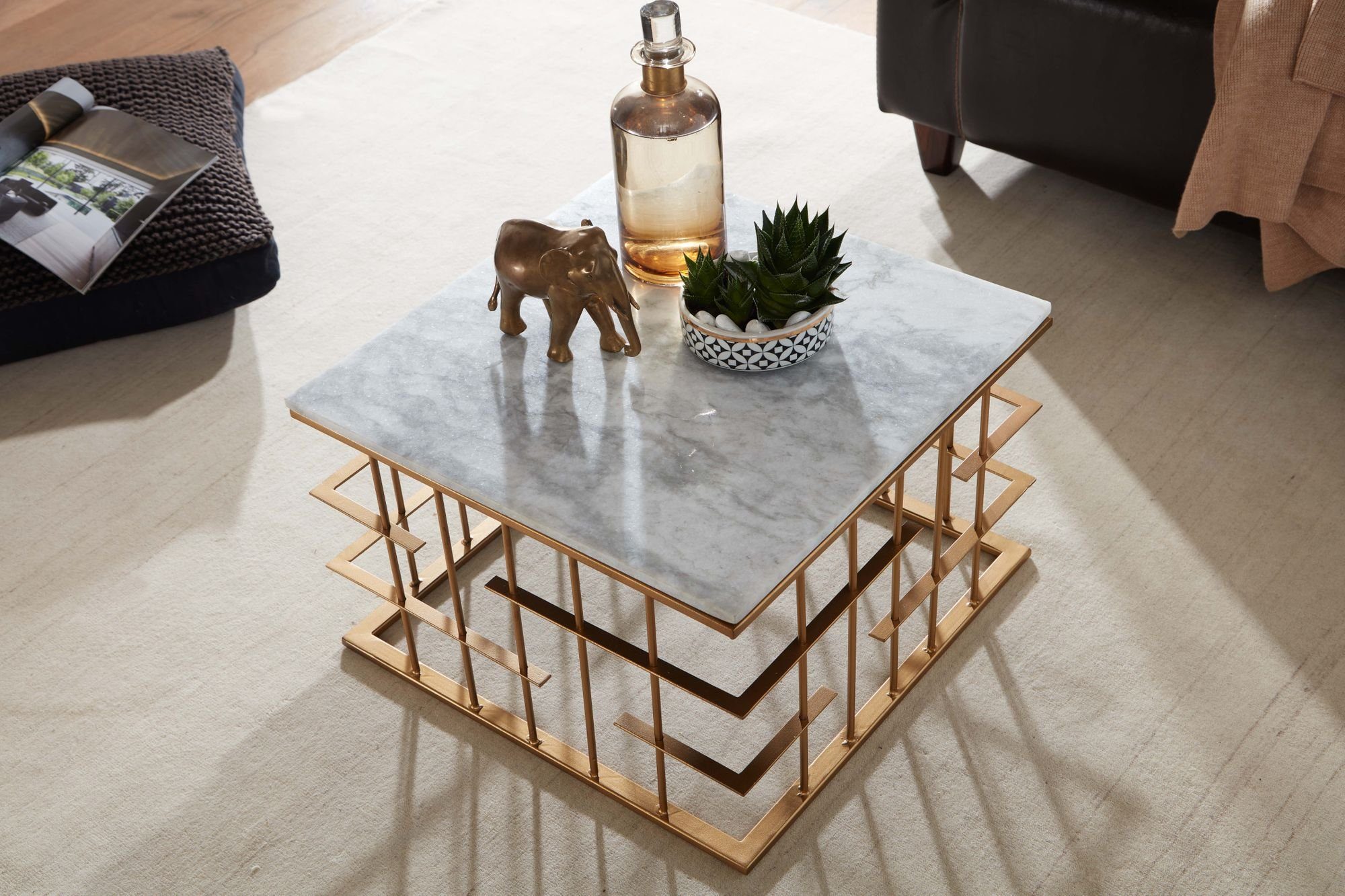 Wohnling Couchtisch WL6.681 Marmor Quadratisch), (55x55x35 cm, Tisch Modern Wohnzimmertisch Echter Weiß, Gold, Wohnzimmer