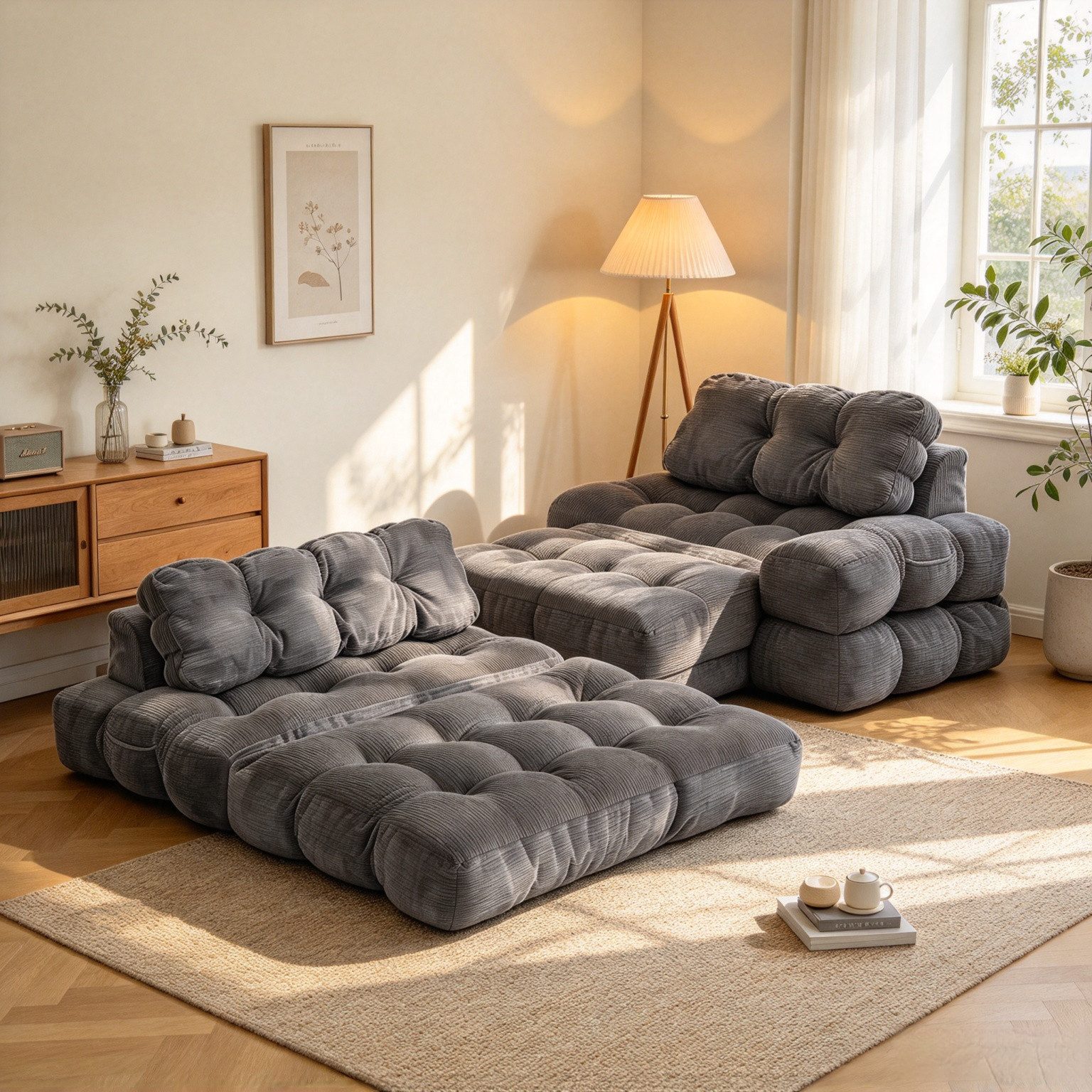 GarveeMore Schlafsofa 3-in-1 Sessel Sofa Bett mit Kissen für Wohnzimmer, 1 Teile, ausgeklappt 190 x 130 cm, Cordstoff, Schwarz/Weiß/Grau