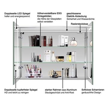 duschspa Badezimmerspiegelschrank LED Spiegelschrank 80×60 cm Touch Wandschalter, Aluminium Rasiersteckdose, Kalt/Neutral/Warmweiß, Dimmbar, Memory