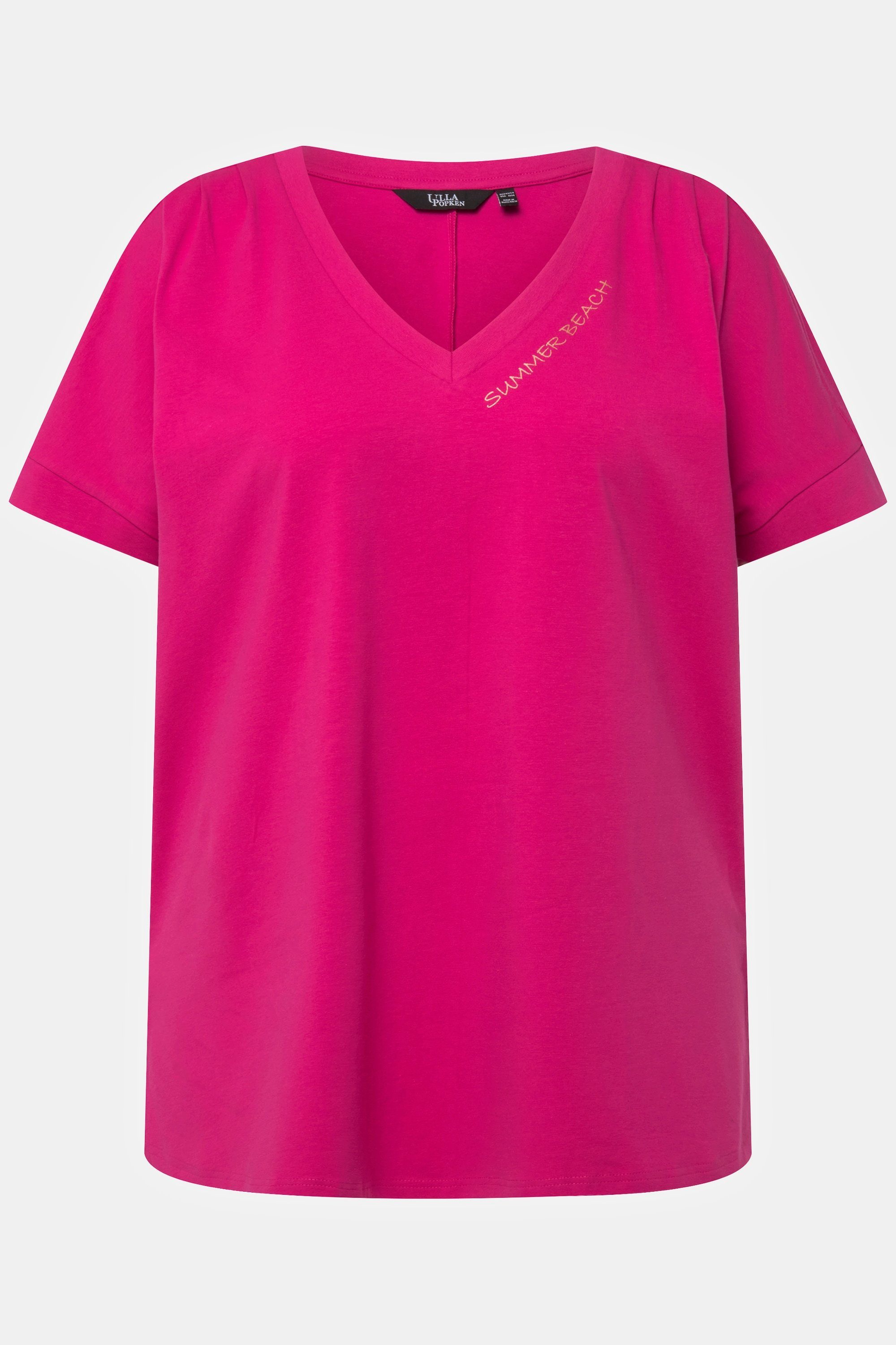 Oversized Zierfalten fuchsia Rundhalsshirt pink Longshirt V-Ausschnitt Ulla Popken