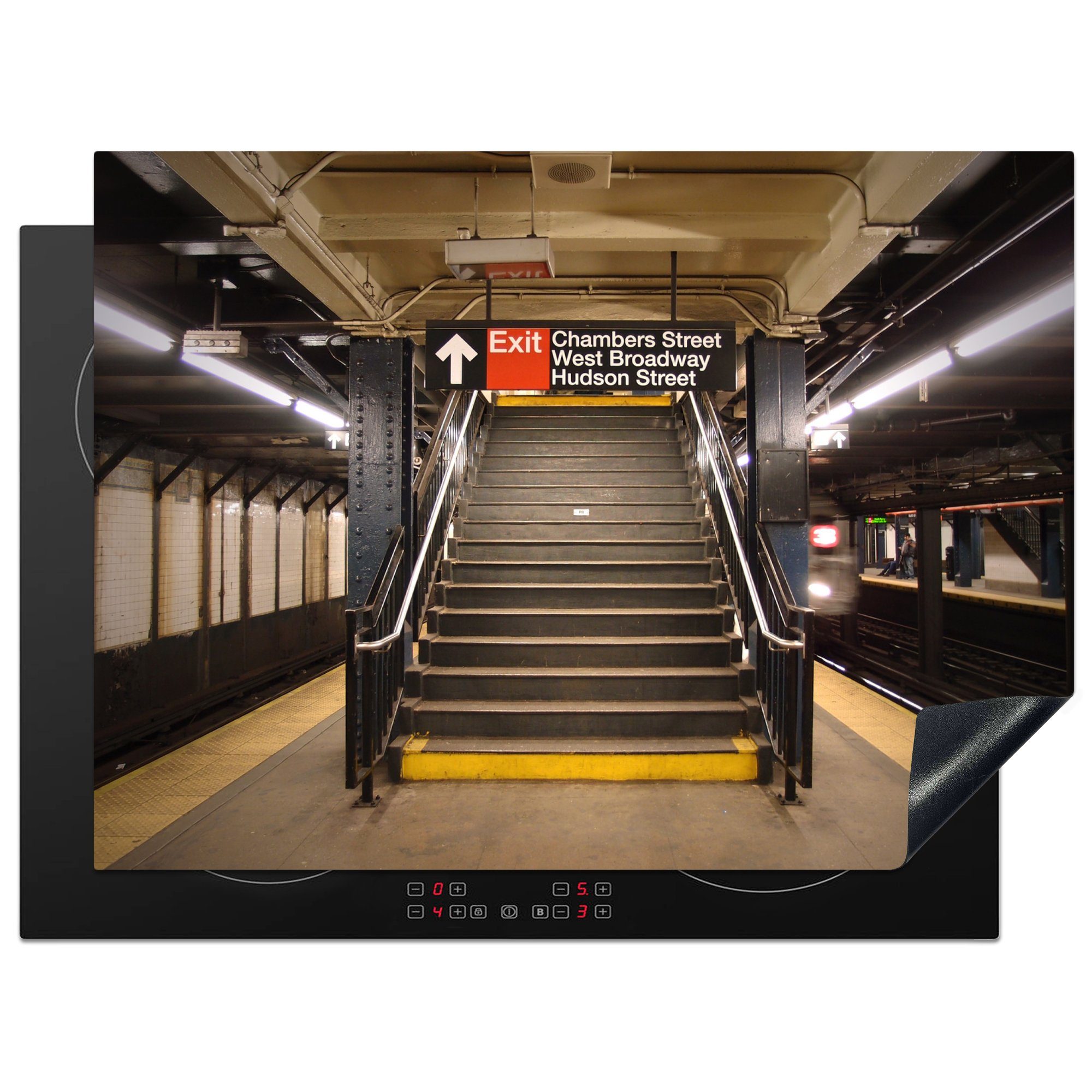 MuchoWow Herdblende-/Abdeckplatte Treppe zum Ausgang der New Yorker U-Bahn-Station, Vinyl, (1 tlg), 70x52 cm, Mobile Arbeitsfläche nutzbar, Ceranfeldabdeckung