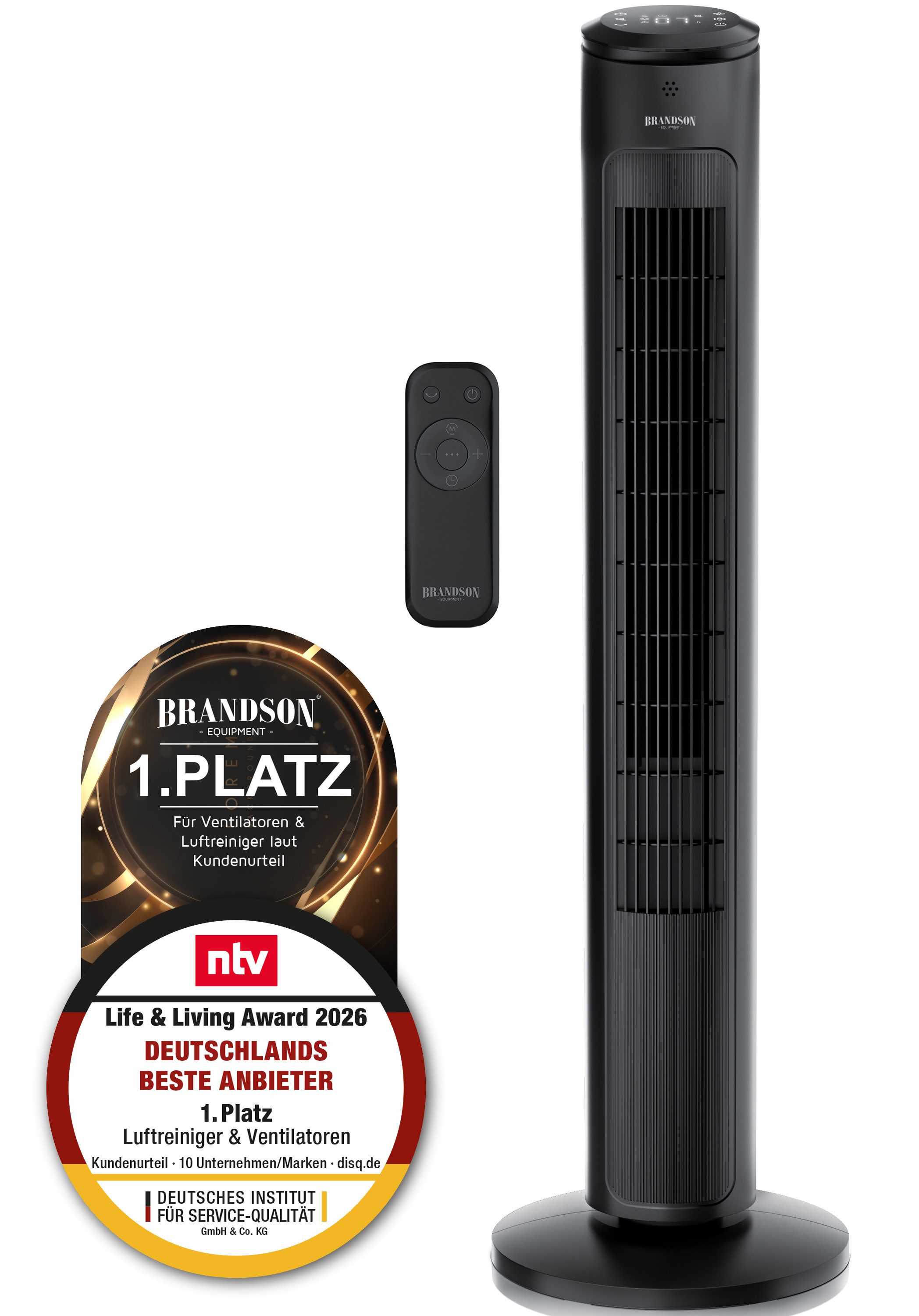 Brandson Turmventilator mit Fernbedienung, sehr leise, DC Motor, Schlaf Modus, Oszillation, Sieger Life&Living Award 2026, 12 Geschwindigkeitsstufen, Lüfter