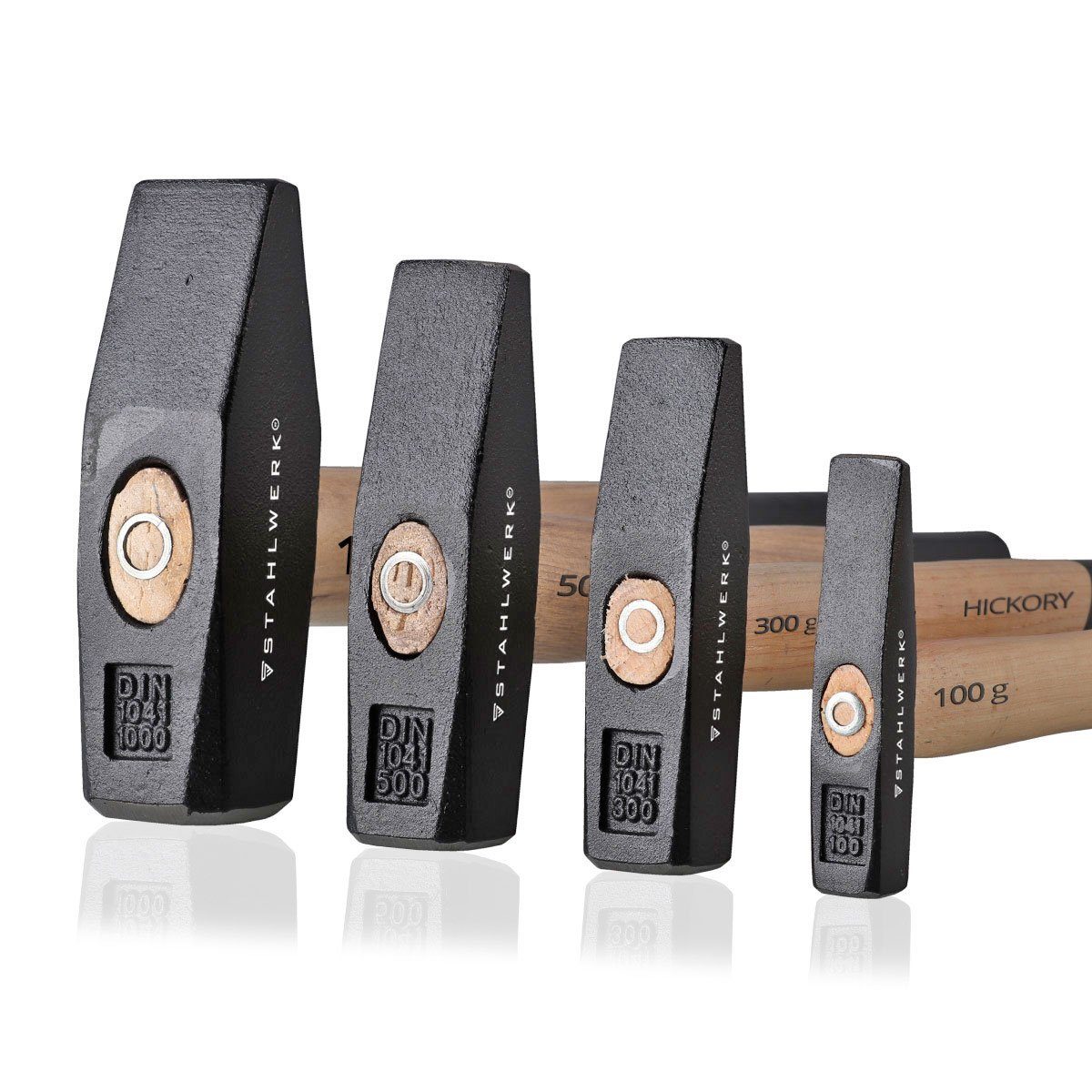 STAHLWERK Hammer Schlosserhammer Set 100g 300g 500g 1000g geschmiedeter Stahl Hickory (Set, 4-St., Set), vibrationsdämpfender Griff aus Hickory-Holz