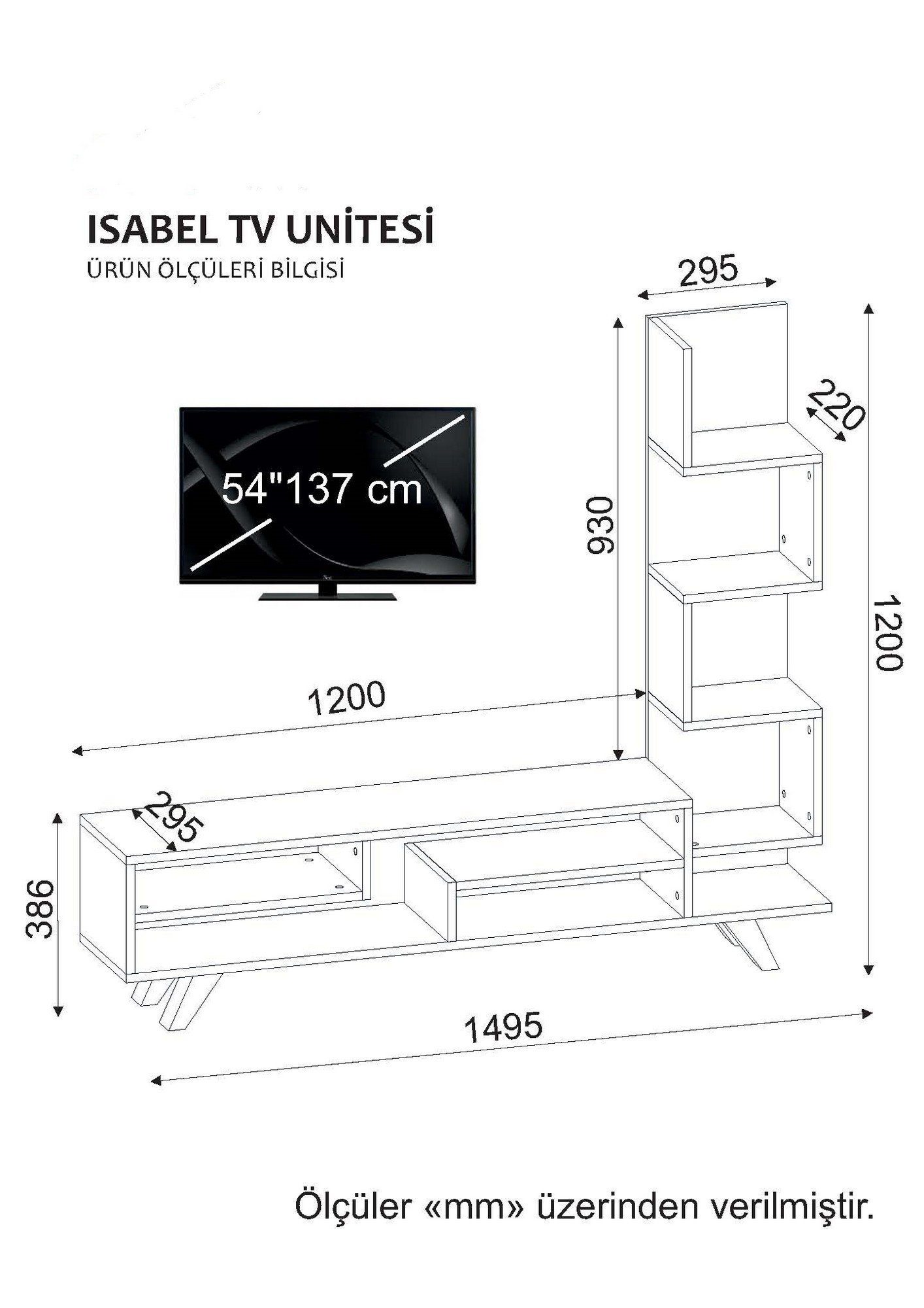 38,6x120x22 cm, TV-Schrank Schränke, Melaminbeschichtete 100% Decor Partikelplatte Skye
