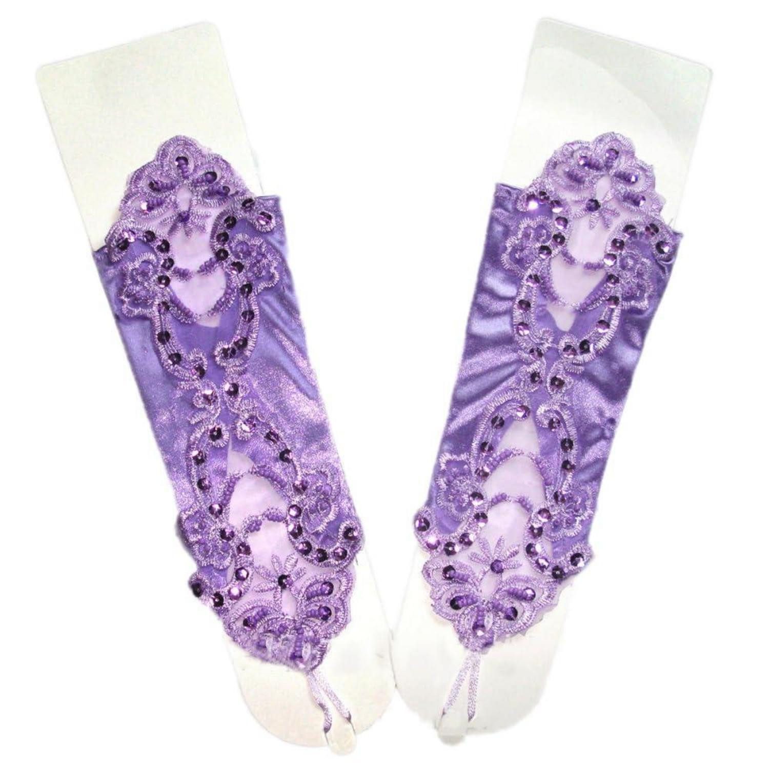 LuxusKollektion Abendhandschuhe Damen Fingerlose Handschuhe Lila Satin Spitze Pailletten (1-St)