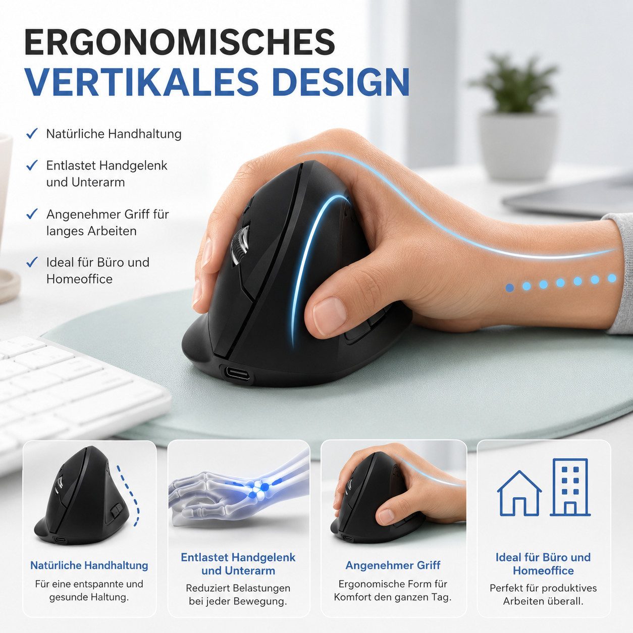 Vornix vertikale Maus kabellos, Bluetooth & 2,4G Wireless Maus ergonomische Maus (optische Büromaus für PC Laptop Windows Mac)