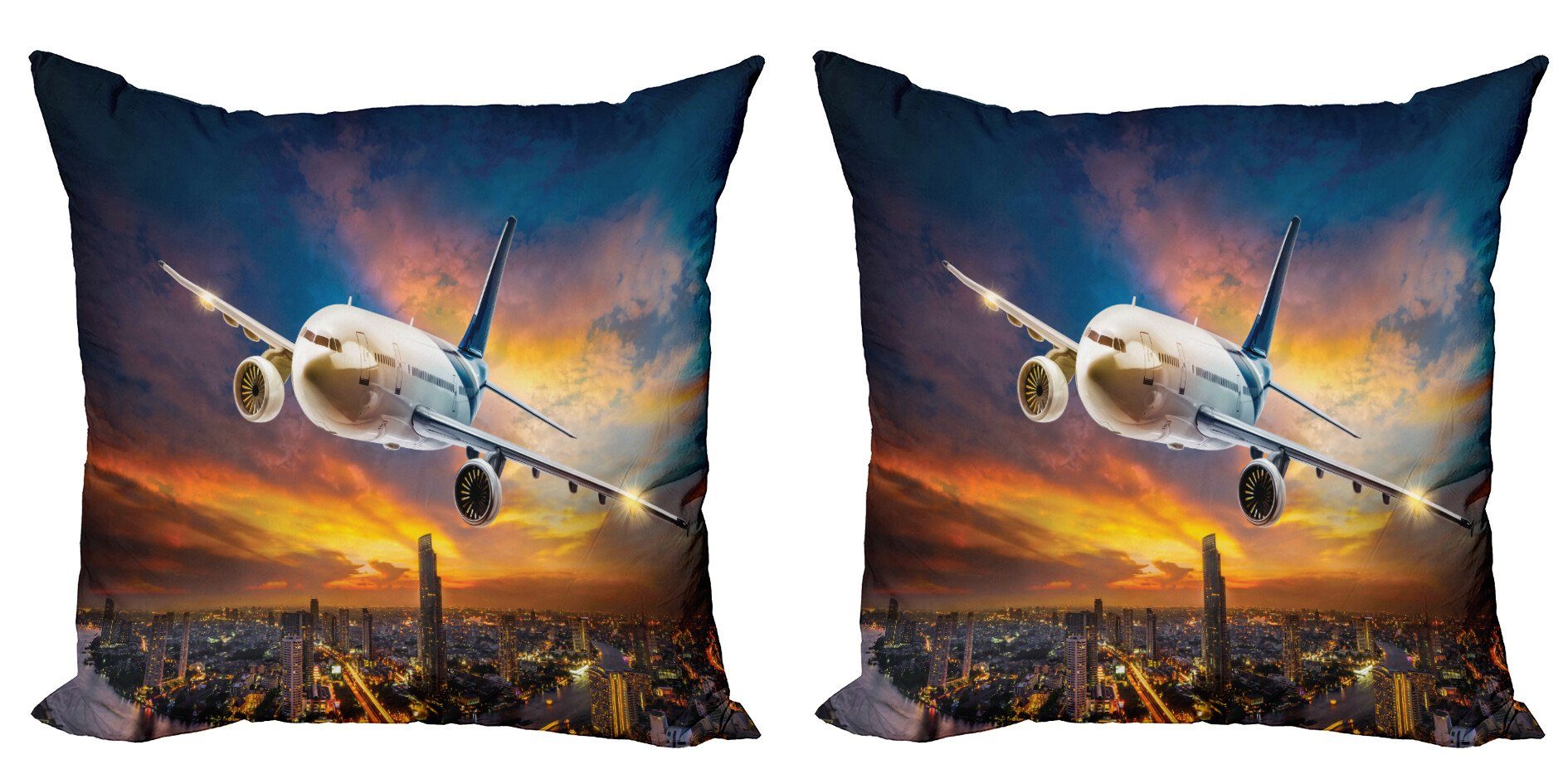 Nachtszene Kissenbezüge Reise Modern (2 dem Flugzeug Digitaldruck, Doppelseitiger mit Stück), Abakuhaus Accent