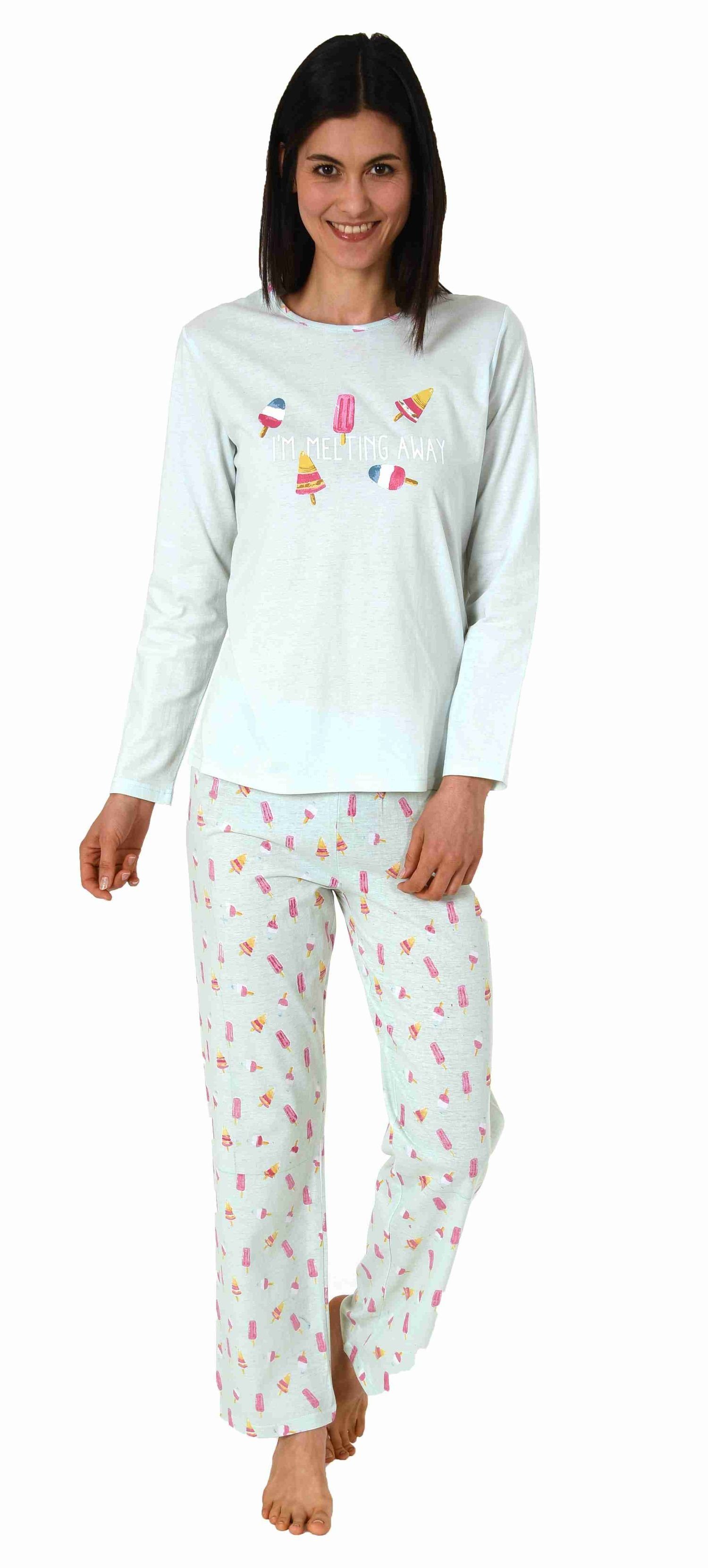 Schlafanzug mit Damen süssen Motiv, lang bedruckt Pyjama Pyjamahose allover Normann