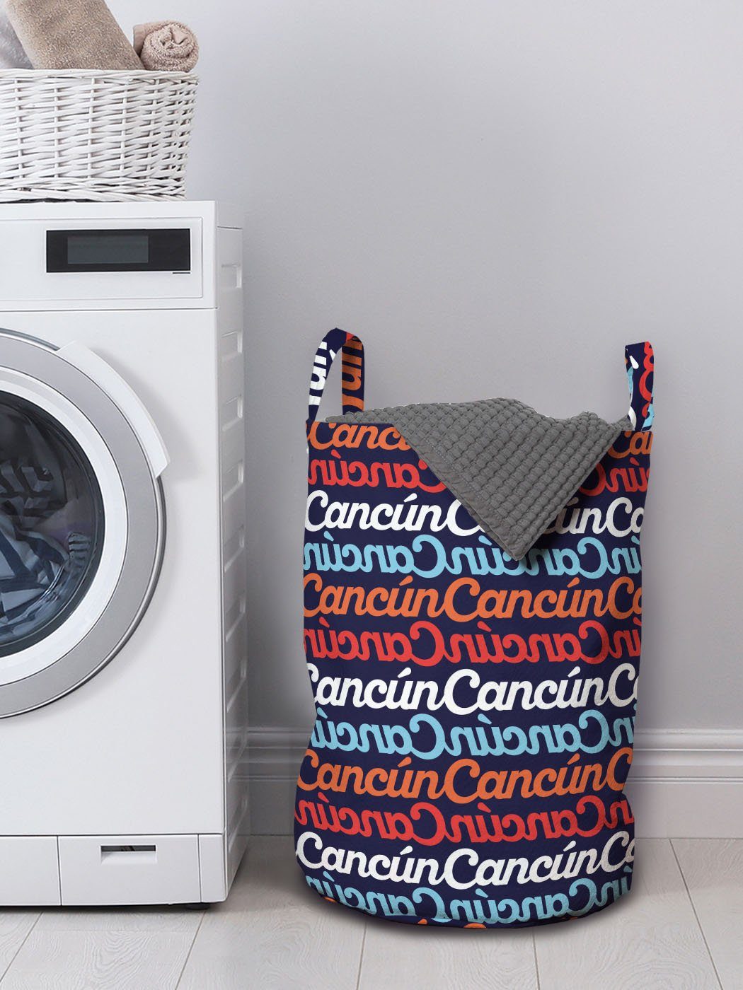 Horizontal-Beschriftung Waschsalons, für Wäschekorb Wäschesäckchen Griffen Kordelzugverschluss Cursive Cancun Abakuhaus mit