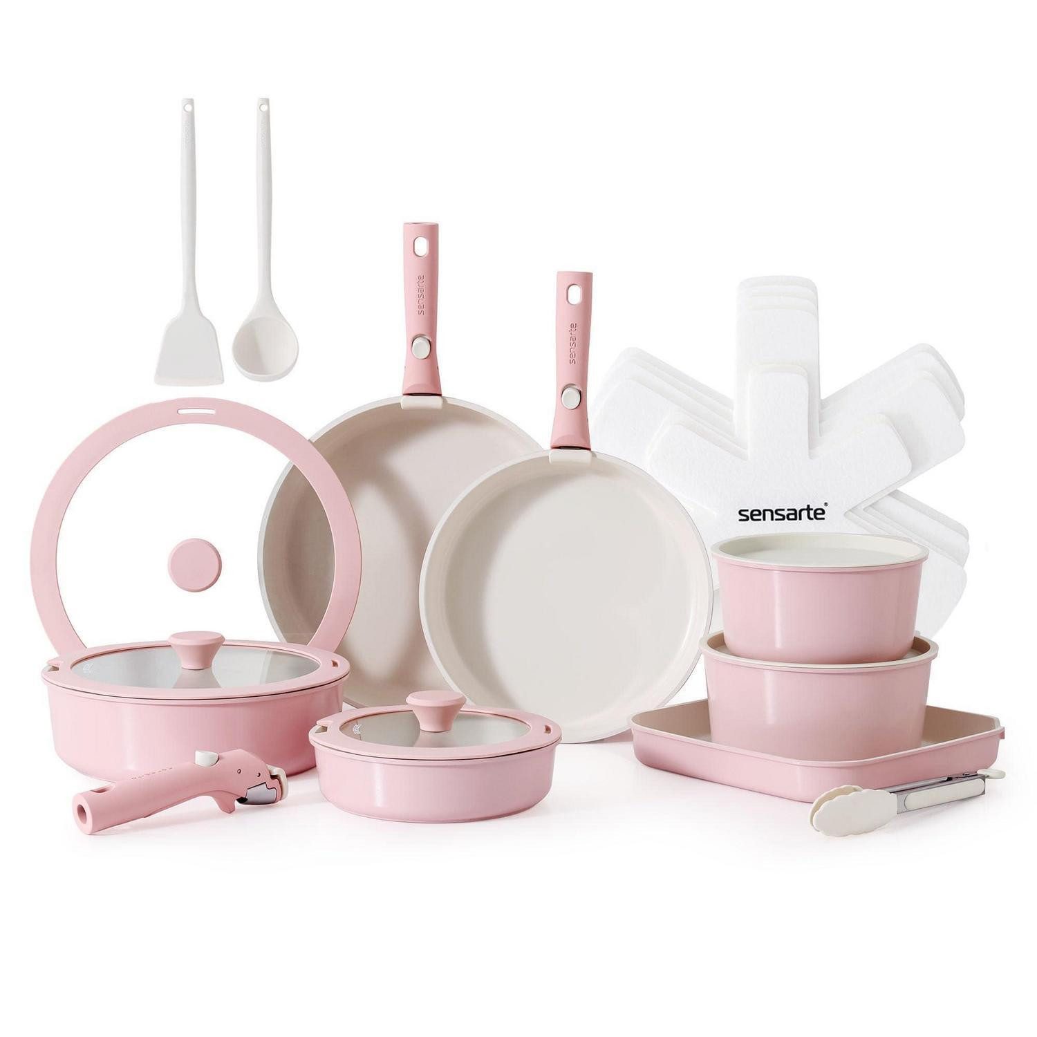 LuxusKollektion Topf-Set 24tlg Keramik Kochgeschirrset Rosa Abnehmb Griff