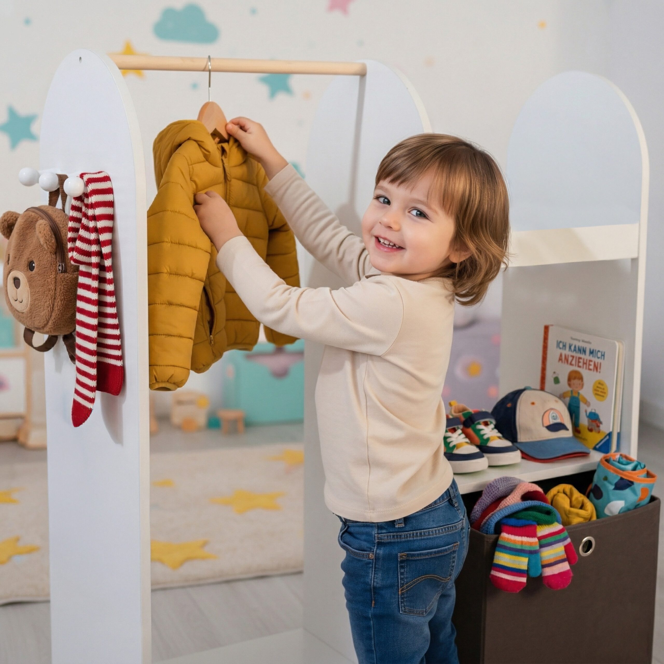 relaxdays Kinderkleiderschrank Kindergarderobe mit Stoffbox