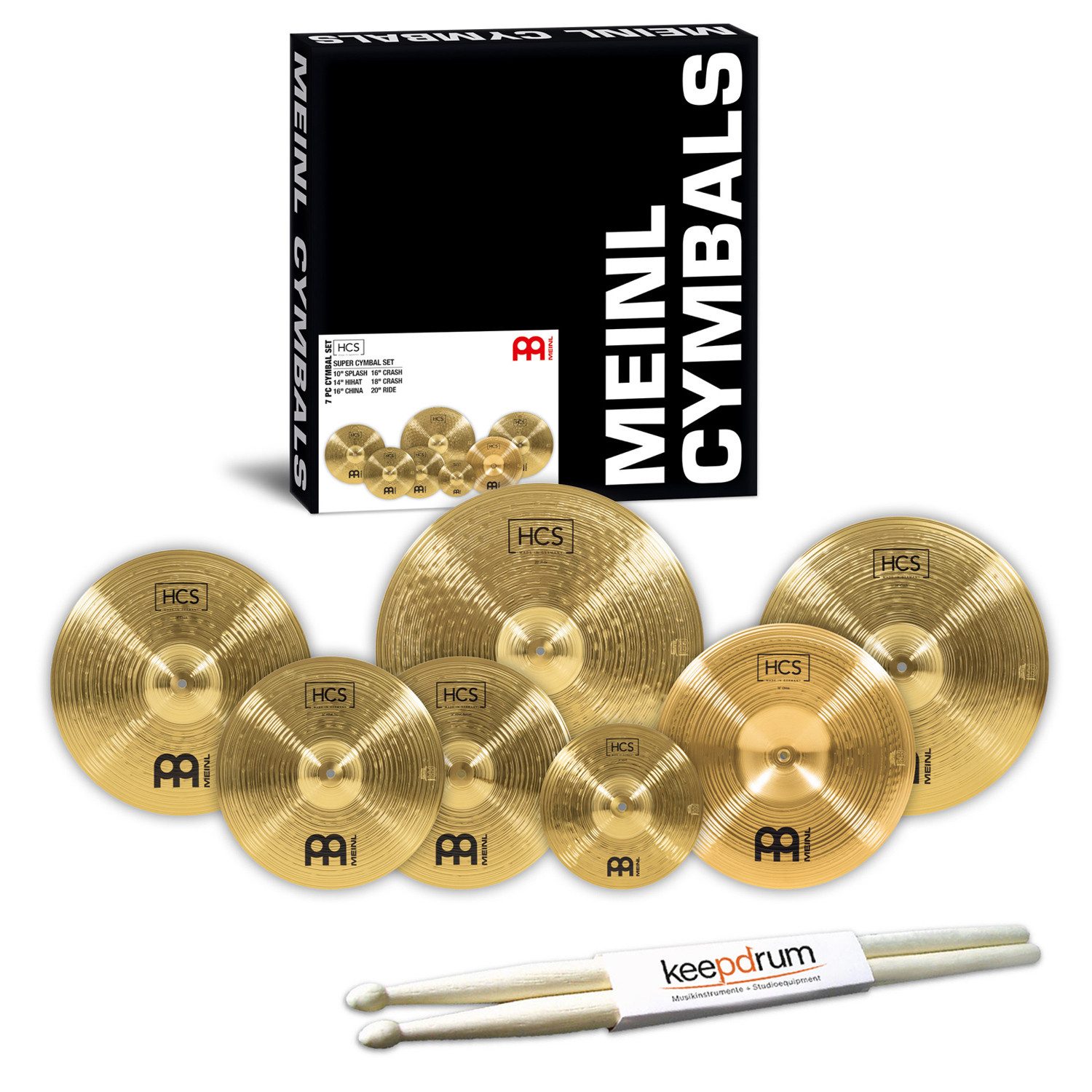 Meinl Cymbals Becken Meinl Beckenset HCS-SCS 6 teilig mit Schlagzeugstöcken, 1-St., Becken-Set, Becken-Vorteils-Set mit Schlagzeugstöcken
