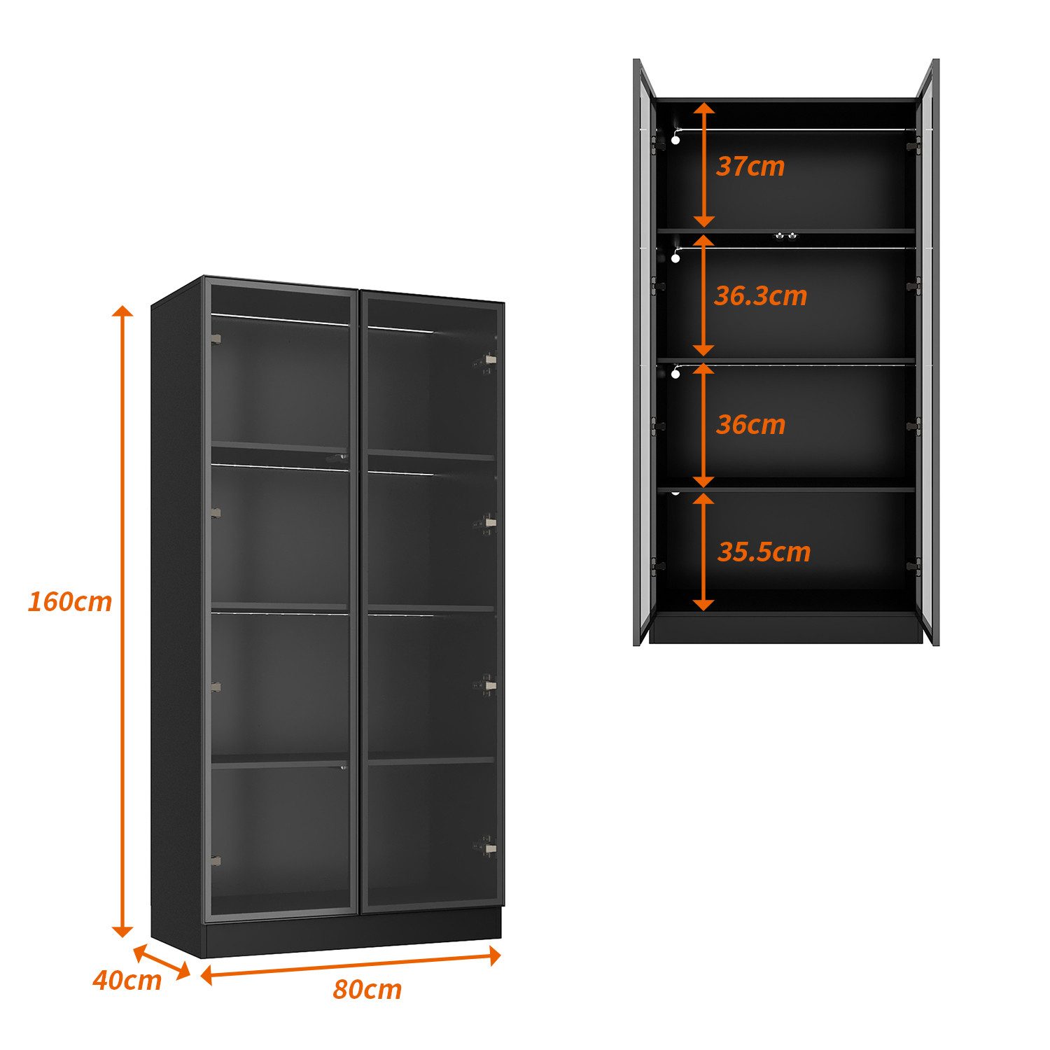 FUFU&GAGA Glasvitrine Vitrine mit Glastüren und LED-Beleuchtung, MDF+Glas, 80×40×160 cm