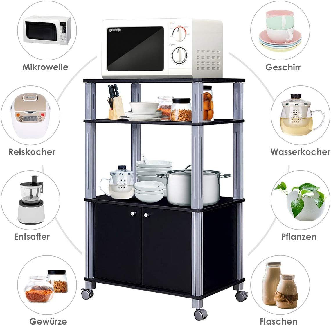 und Schichten Schrank Schwarz auf Mikrowellenumbauschrank Rollen KOMFOTTEU 3 Mikrowellenregal mit