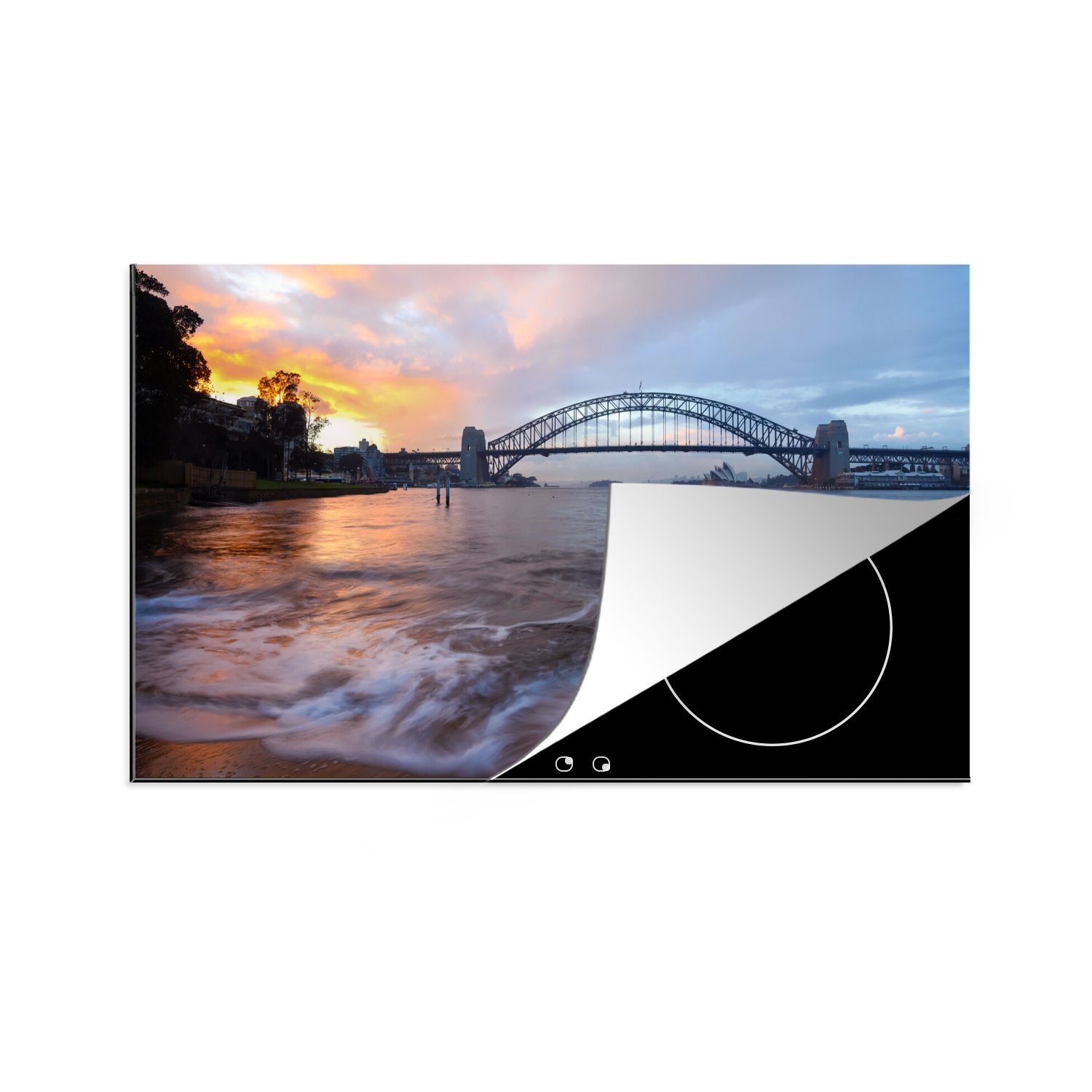 MuchoWow Herdblende-/Abdeckplatte Blick Harbour Wasser Vinyl, cm, über 83x51 Ceranfeldabdeckung, die Australien, küche (1 für Arbeitsplatte das auf tlg), Sydney Bridge in