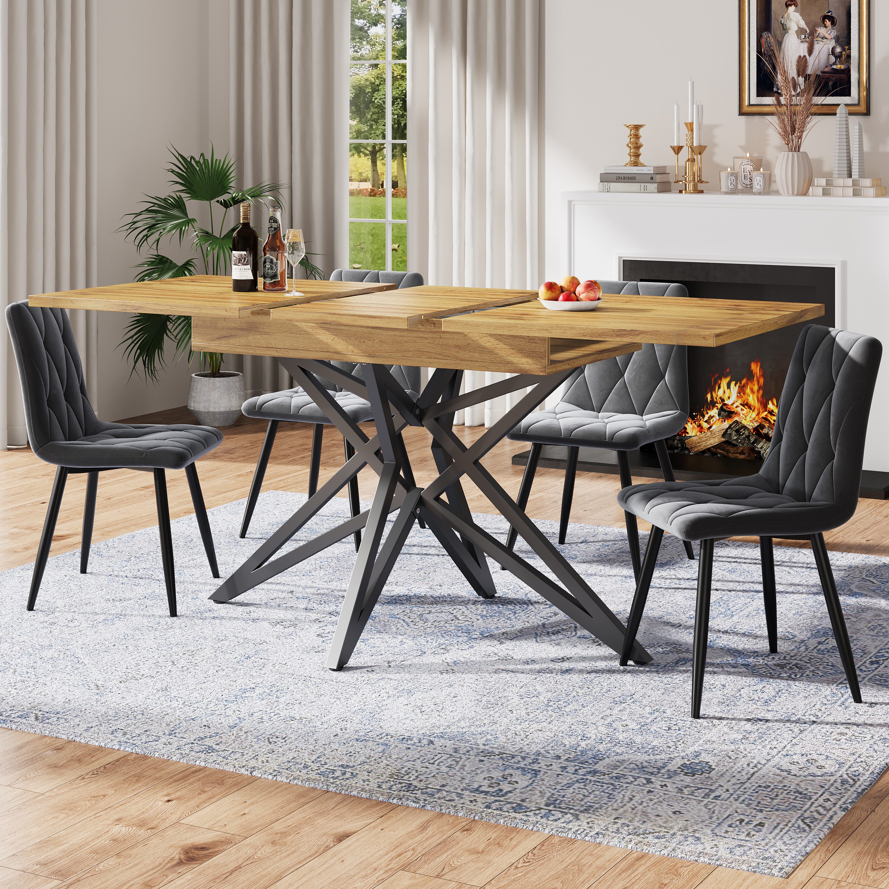 Celya Esstisch Ausziehbarer Esstisch 120 (160) x 80 cm, ausziehbarer Küchentisch (Tischplatte aus Walnussholz/Marmorimitat), Frühstückstisch, sternförmige Tischbeine, schwarze Eisenbeine