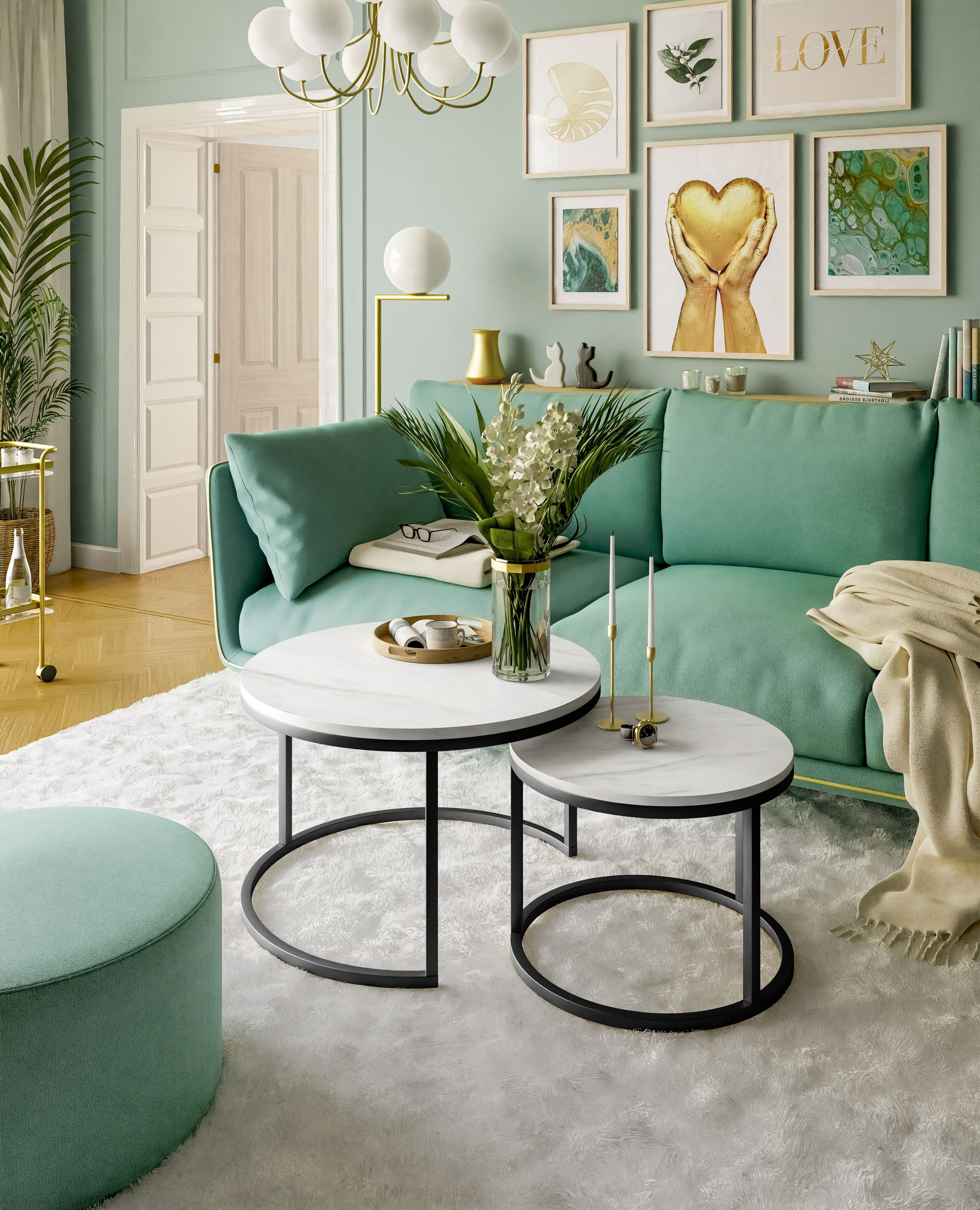 Lookway Couchtisch CIRI 2in1 LEVANTO mit schwarzem Gestell, runder Couchtisch (2er Set), Durchmesser: ⌀70 cm & ⌀50 cm und Durchmesser: ⌀80 cm & ⌀60 cm