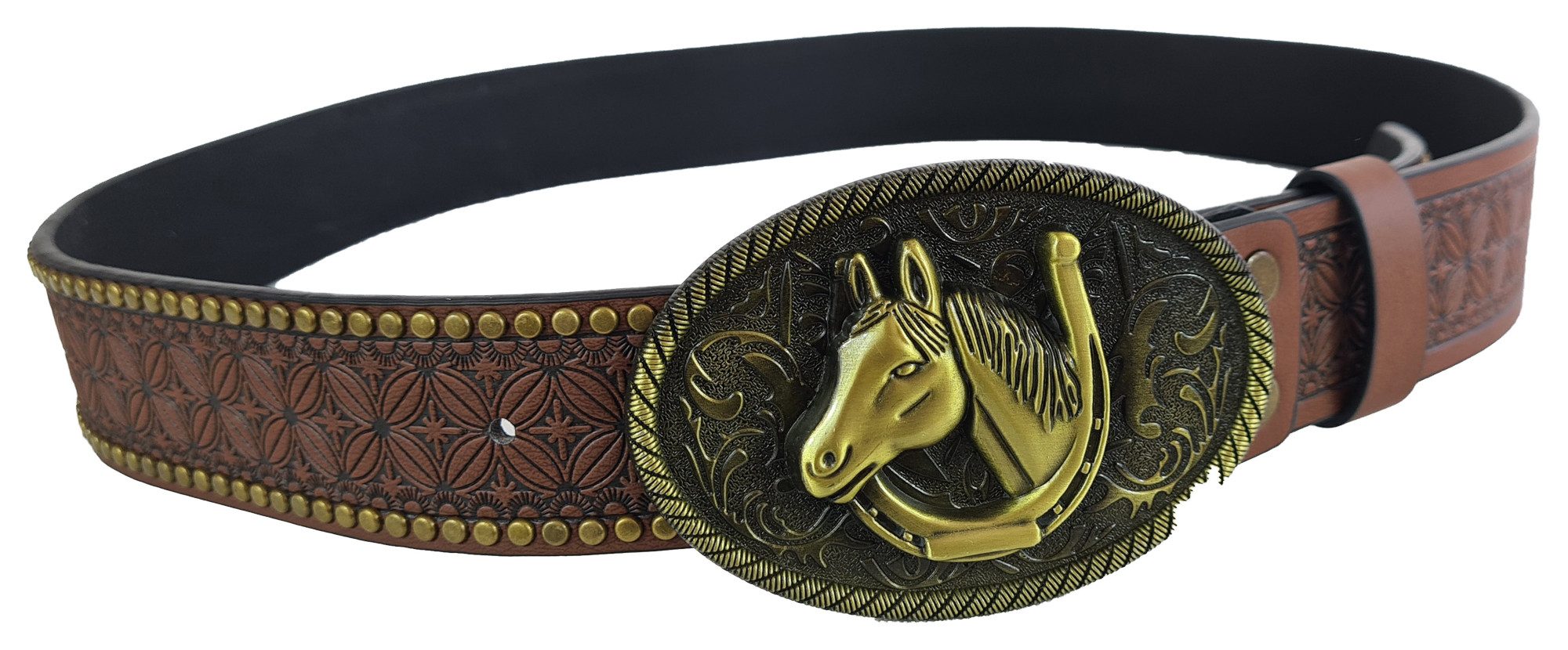 Hüftgürtel Damen Gürtel mit Pferdekopf und Hufeisen - braun-golden